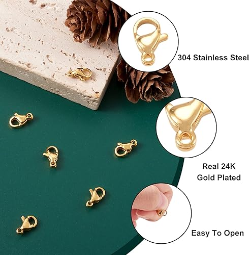 Miniatura 6 de Pandahall - 100 cierres de pinza de langosta de acero inoxidable 304, chapado en oro de 18 quilates, 0.394 x 0.236 x 0.118 in, para pulir joyas,