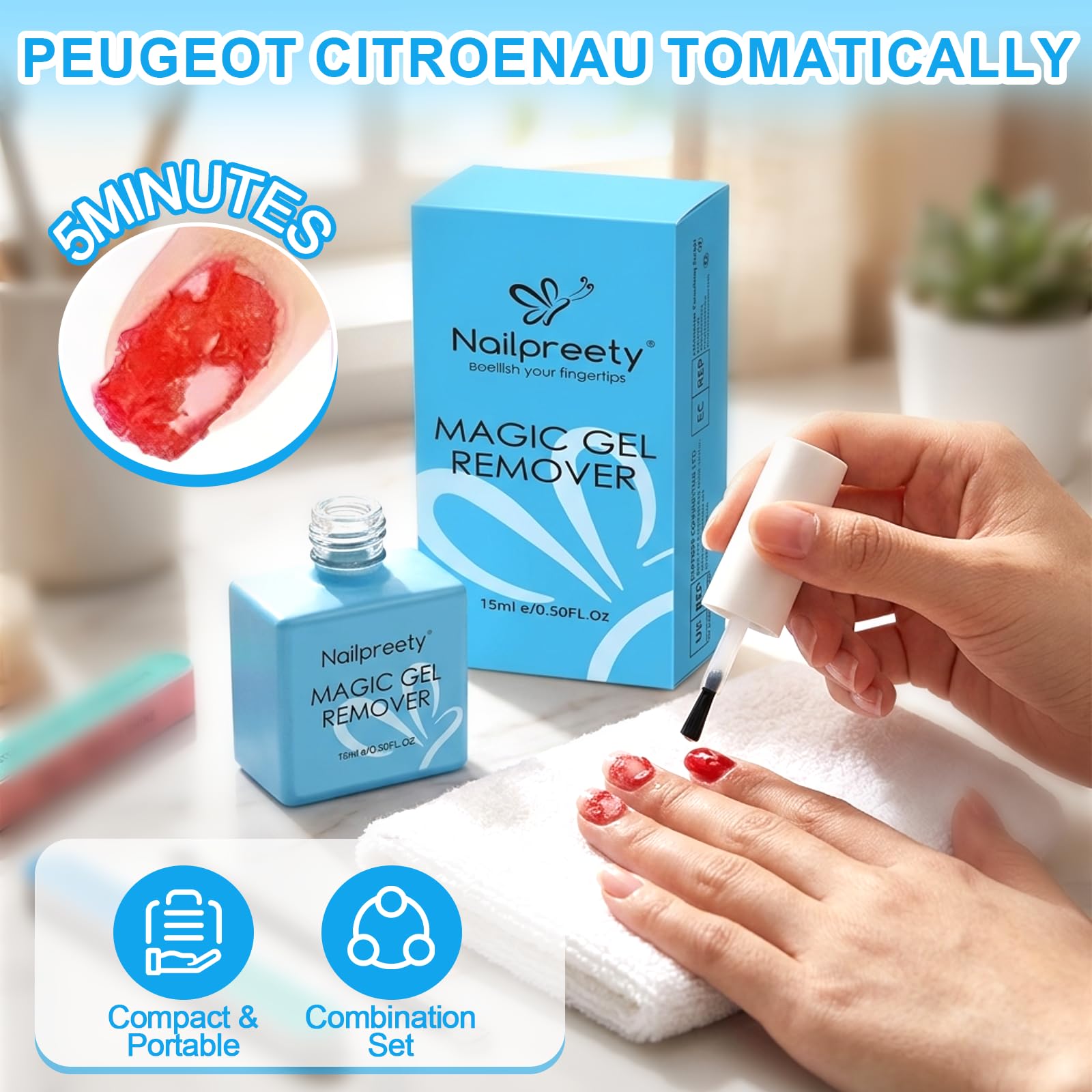 Dissolvant Vernis Semi Permanen Kit,Dissolvant-Vernis à Ongle en Gel,Gel Nail Polish Remover Inclus Lime à Ongles,Grattoirs pour Vernis à Ongles,Enlever Facile Et Rapide De L'ongle En Gel,15ML