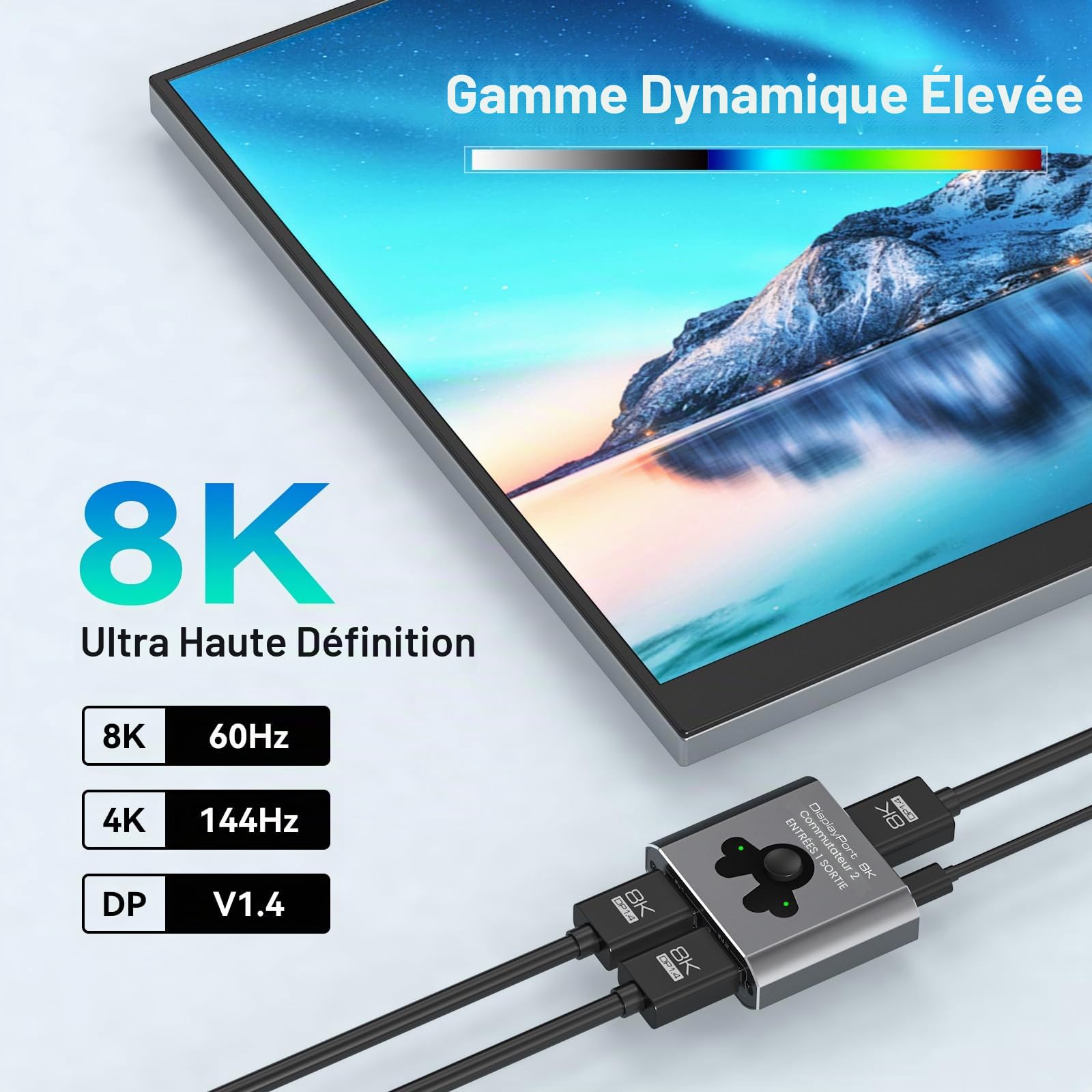 Switch Displayport 2 Entrées 1 Sortie 4K144Hz 8K60Hz Commutateur DP 2 In 1 Out Switch DP 1.4 Compatible TV, Moniteurs, Ordinateurs Portables, Projecteurs, Etc