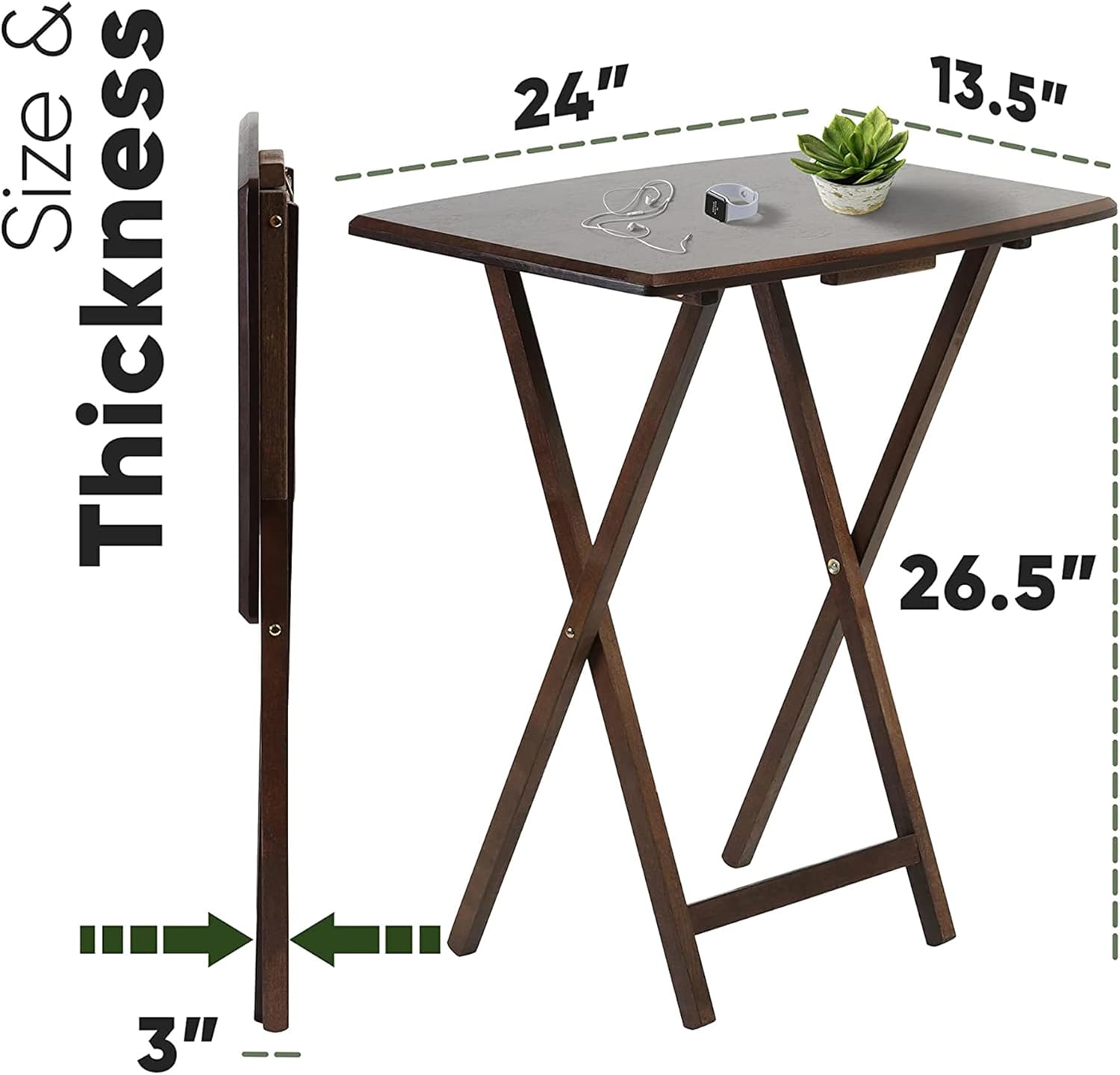 PJ Wood Solid and Sturdy Wood Construction Portable Folding TV Snack Tray Table Desk Serving Stand with Compact Storage Rack, Walnut (10-Piece Set)
