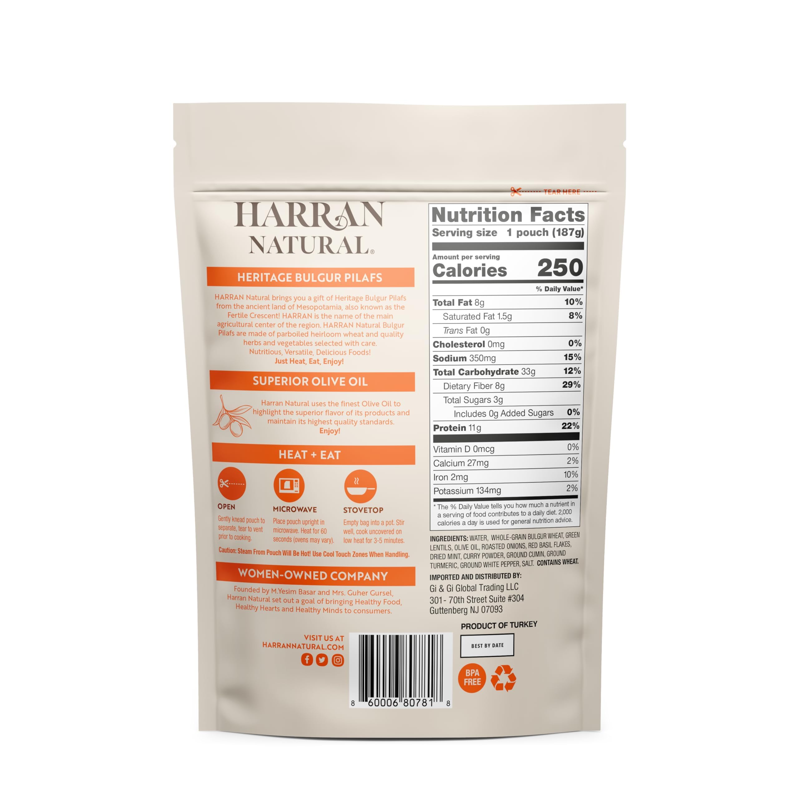 Harran Natural Whole Grain Bulgur Pilaf, Lentil Turmeric with Red Basil, Ready to Eat Healthy Superfood Meal, Non-GMO, No Preservatives, Vegan, Plant-Based Protein, 6.6 oz (Pack of 8)