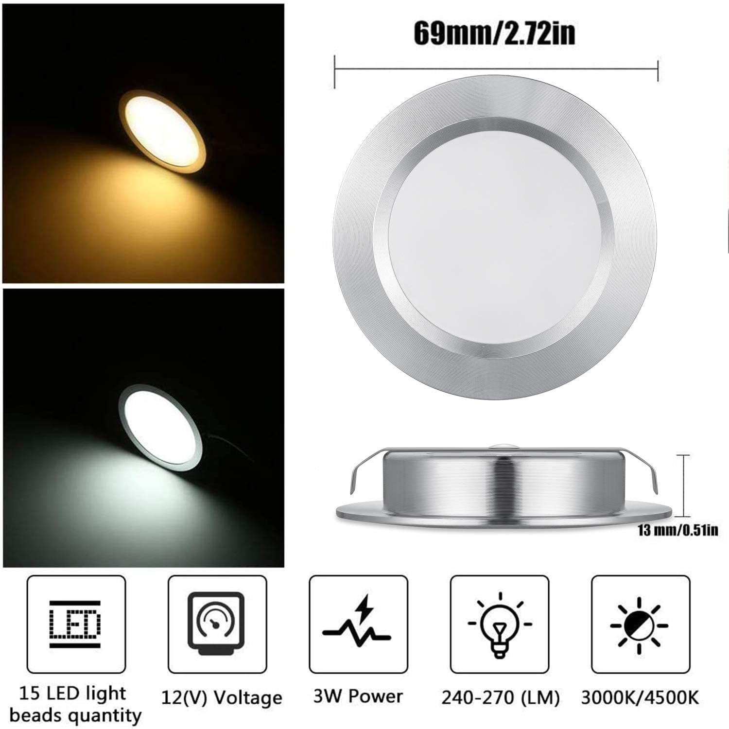 Lot de 8 lumières LED 12 V pour camping-car, remorque, bateau, Blanc chaud 2800K, 300 lumens, 3 W, basse tension, mini lampe encastrée à intensité variable