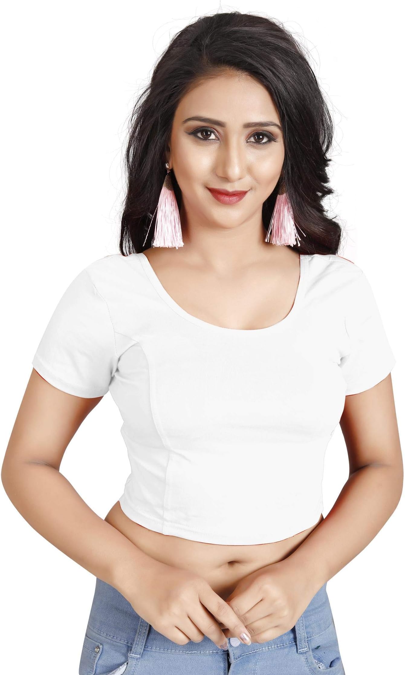 CRAZYBACHATIndian Design Stretchable Cotton Lycra Blouses Beige Tops Readymade Saree Blouses Short Sleeve Crop Top