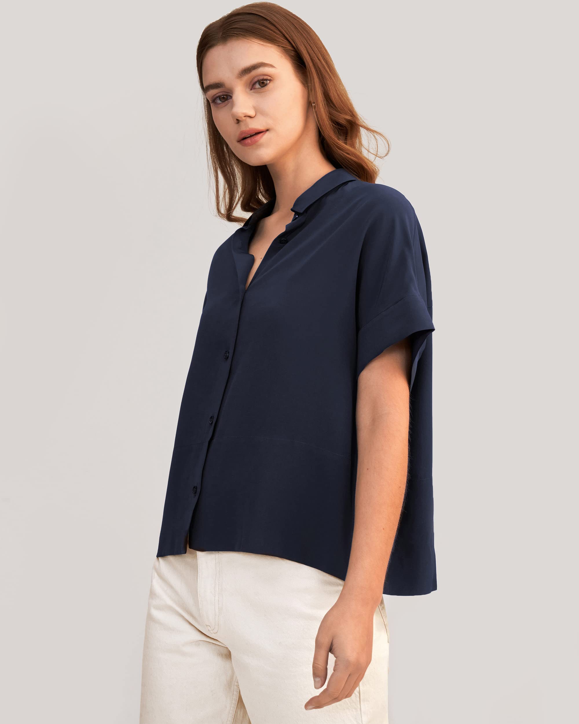 LilySilk Lässiges Lockeres Seiden T-Shirt mit kurzen Ärmeln Damen Seiden Blusen Tops Shirt Seidenhemd Kurzarm Hemdbluse Einfarbige Tops Frauen