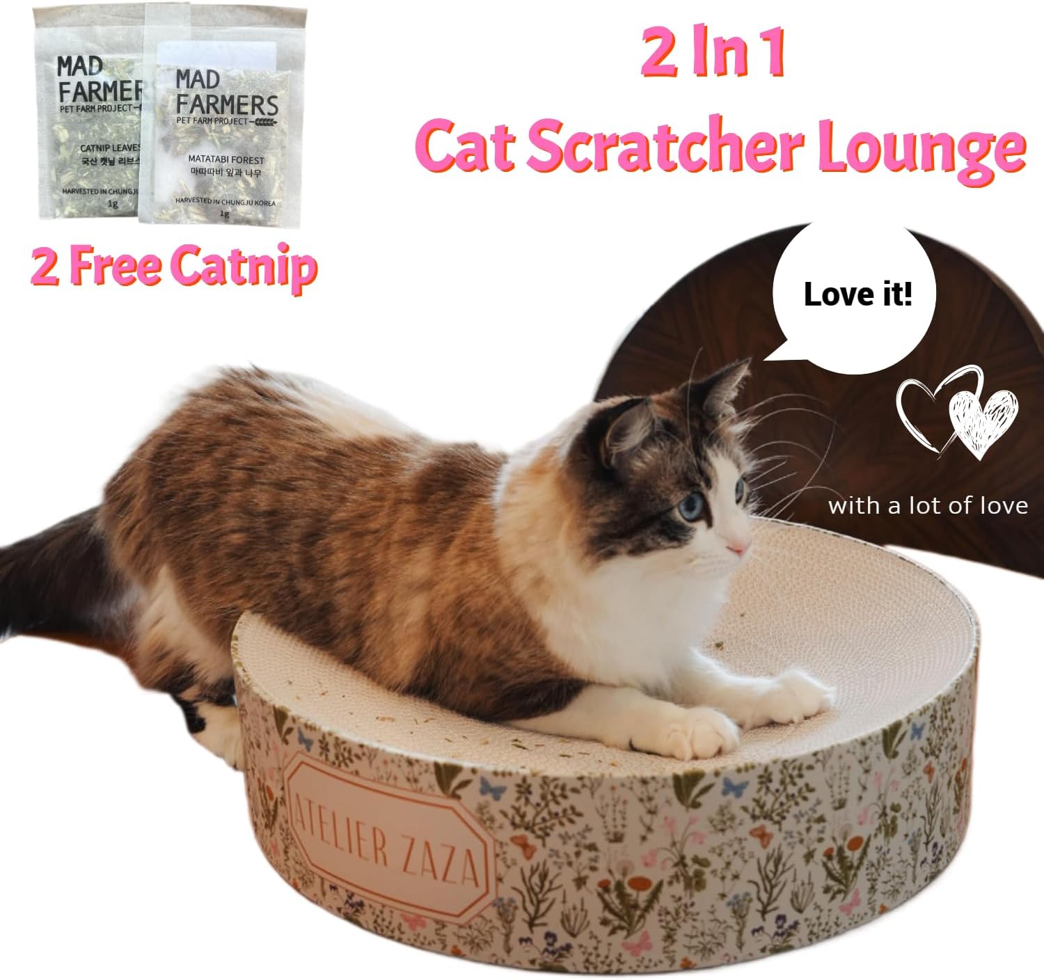 17.7"x17.7" Cat Scratcher Cardboard Bed Lounge Couch for Indoor Cats, Large Cat Scratching Board, Round Shape Scratch Pad Bed W/Catnip - Sweden Recycable Paper, Floral Pattern