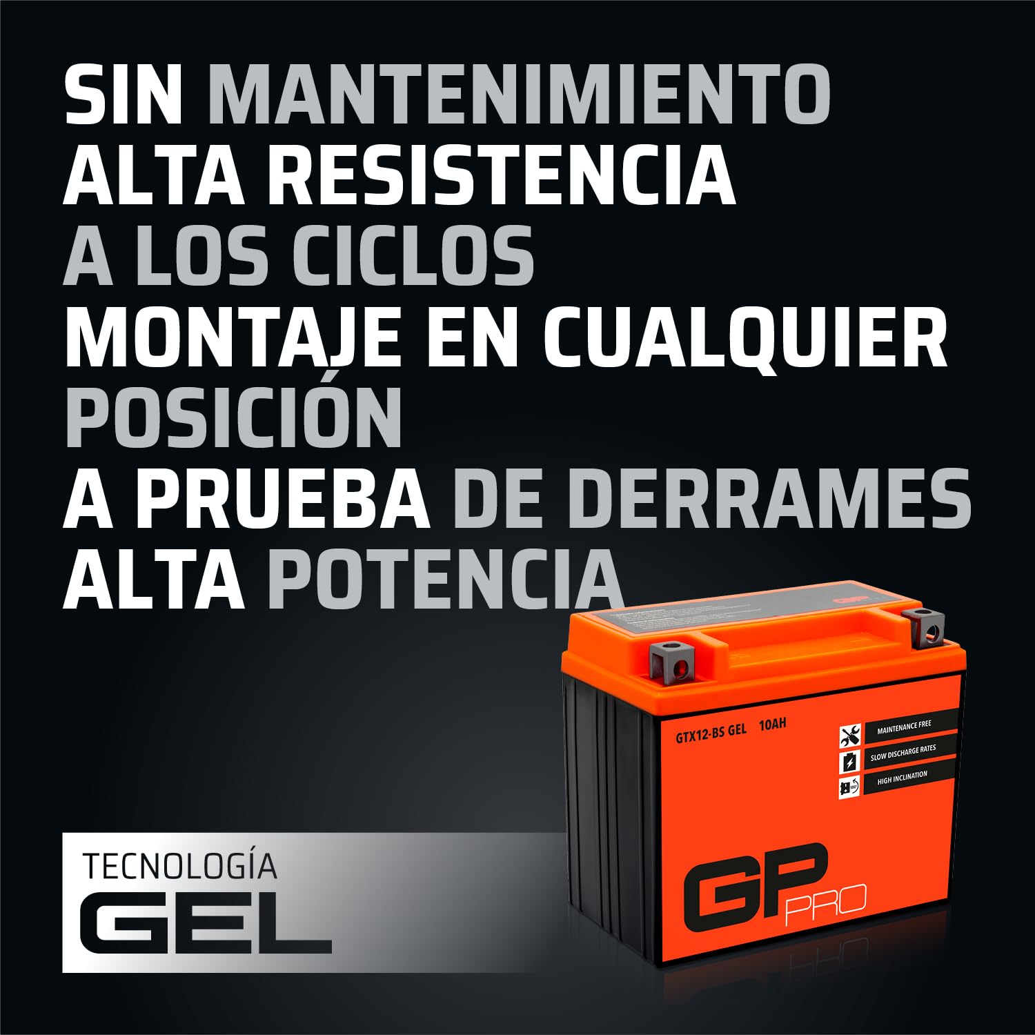 GP-PRO GTX12-BS - Batería de arranque para motos, 12V, 10Ah, parecido a YTX12-BS / 51012, sin necesidad de mantenimiento, 15 x 13 x 8.7 cm