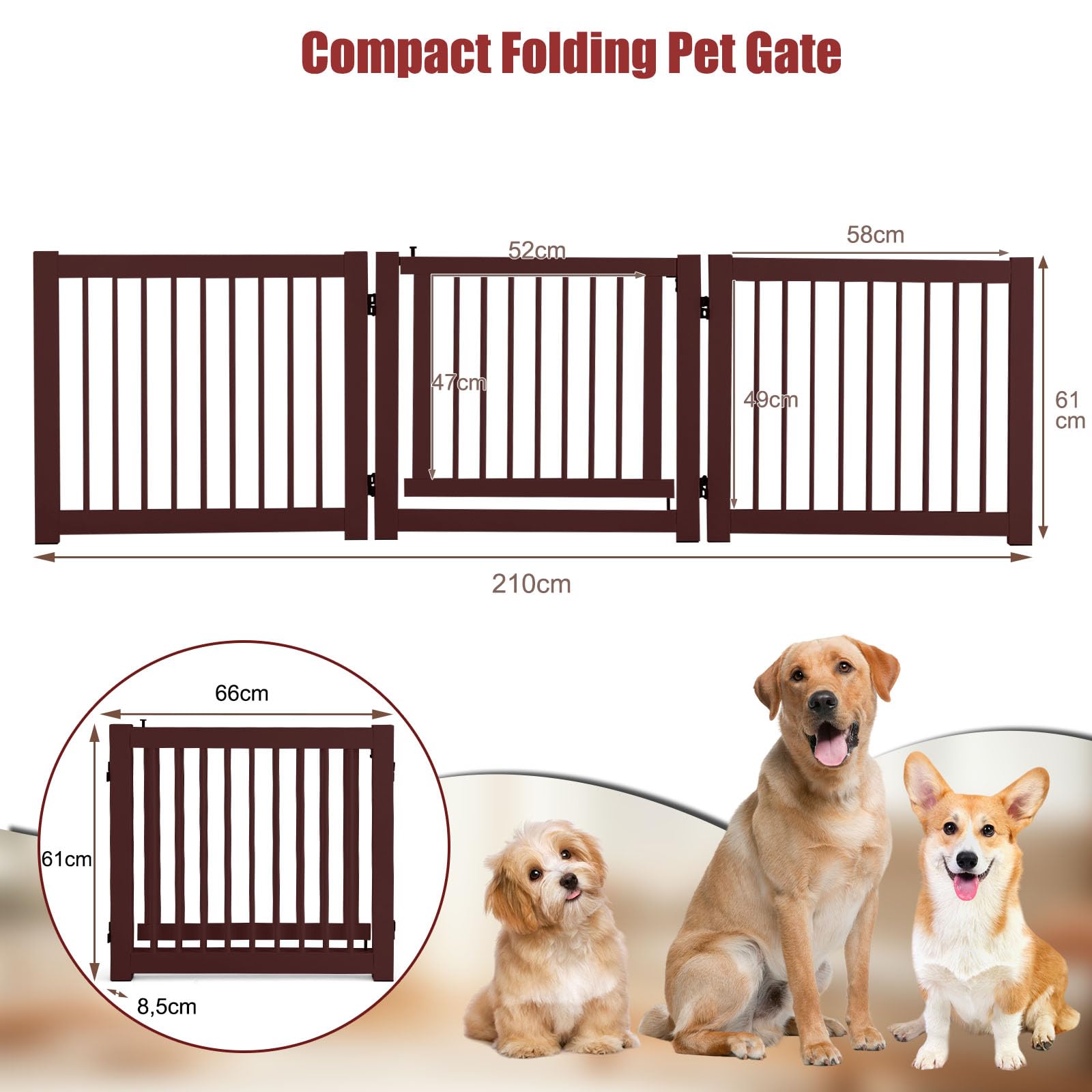 SOARS Cancelletto per Cani Pieghevoli 210 x 61 cm, Barriera per Cani in Legno a 3 Pannelli con Porta a Serratura, Recinzione per Scale, Ingressi e Corridoi (Marrone)