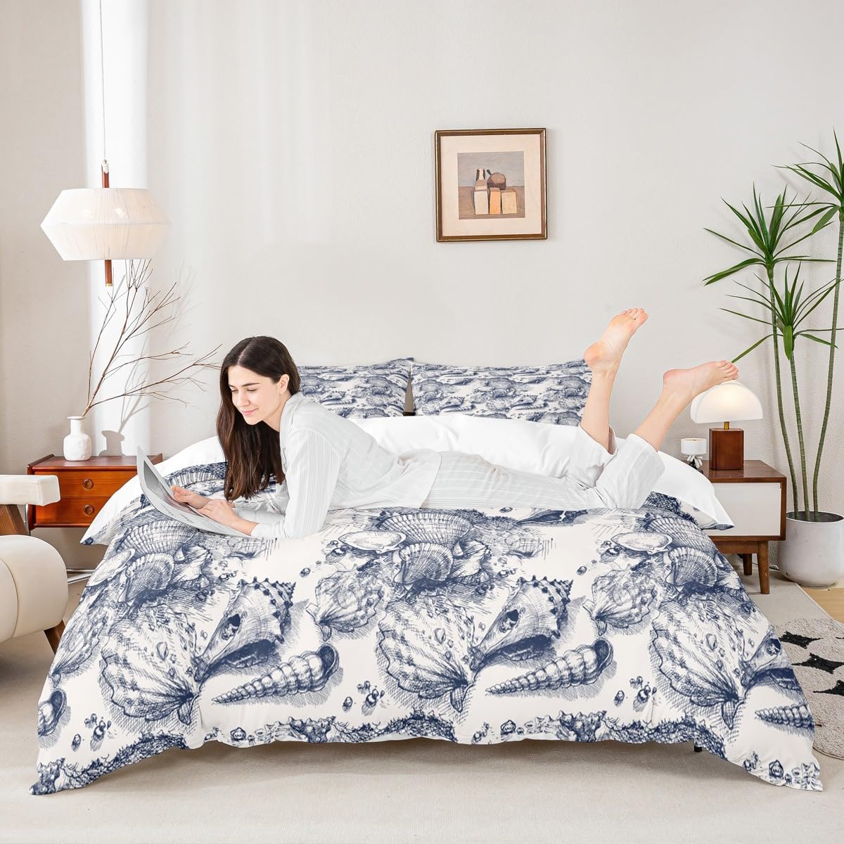 Homewish Coastal Style Bedding Sets King Size,Nautical Beach Duvet Cover Set 3Pcs for Kids Girls Boys Adult Room Decor,Conch Shell Comforter Cover Vintage Sketch Style Quilt Cover,2 Pillowcases