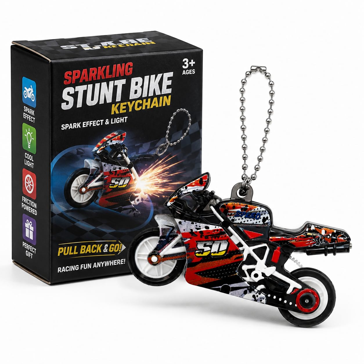 Sparkling Stunt Bike Toy Keychain for Kids, Mini Motorcycle Key Ring with Spark Effect & Light, Friction Powered Racing Bike Toy, Gift for Boys & Girls (Random Color)-image-28