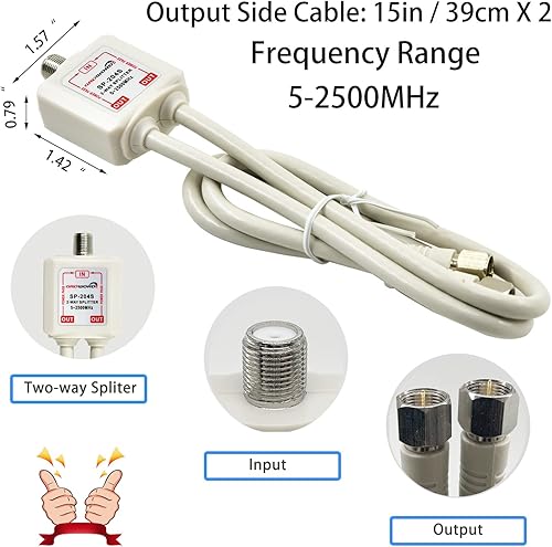 Miniatura 2 de Divisor de satélite de 5 a 2500 MHz, divisor CATV de 2 vías con cable coaxial RG6 y 2 conectores, para alimentación de paso a LNB, mejora la calidad