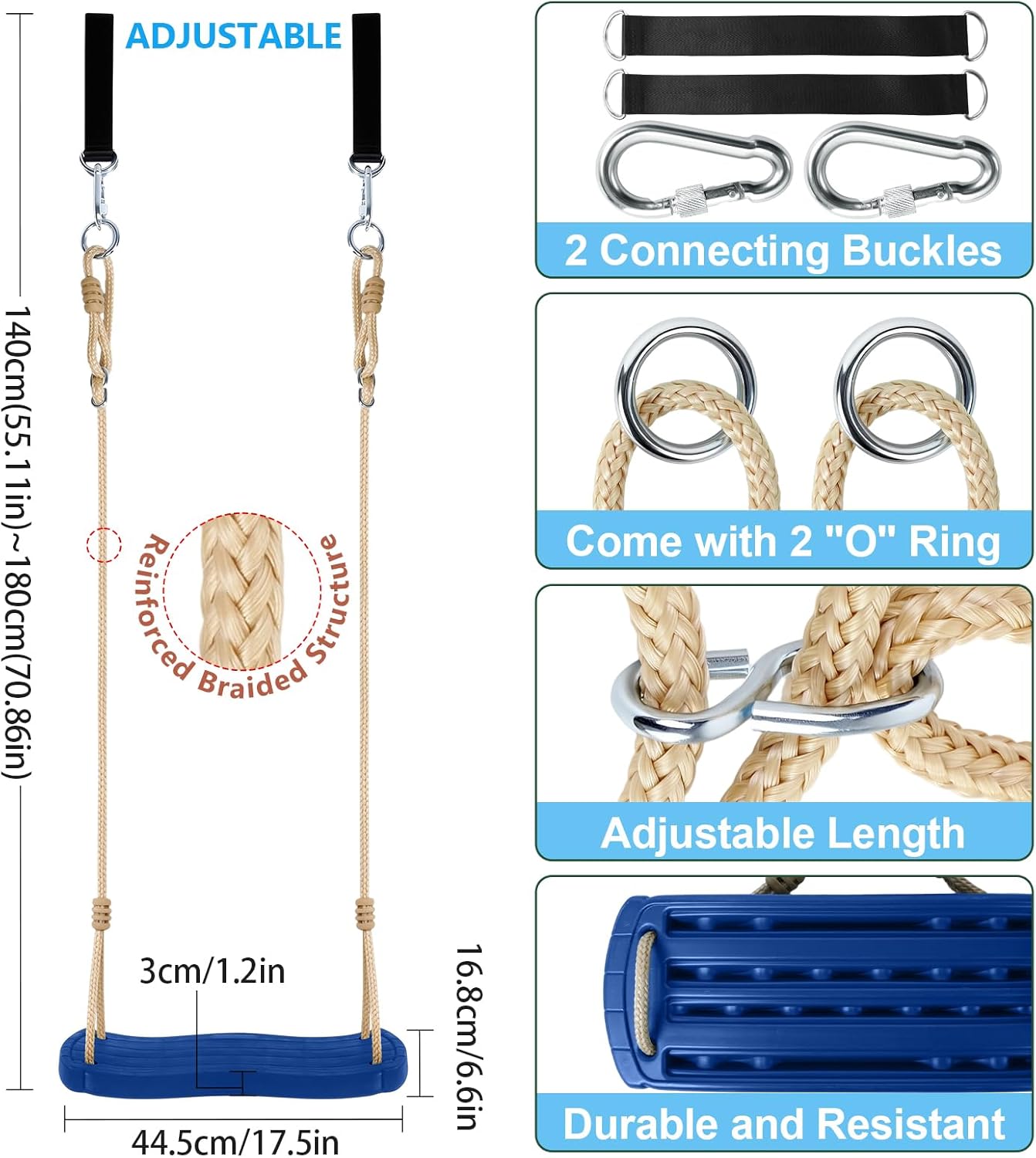 Kids Tree Swing Seat with Tree Straps and Carabiners, Heavy Duty Ergonomic Straight Swing Set for Backyard, Indoor & Outdoor Rope Swing, 264 lbs，Blue