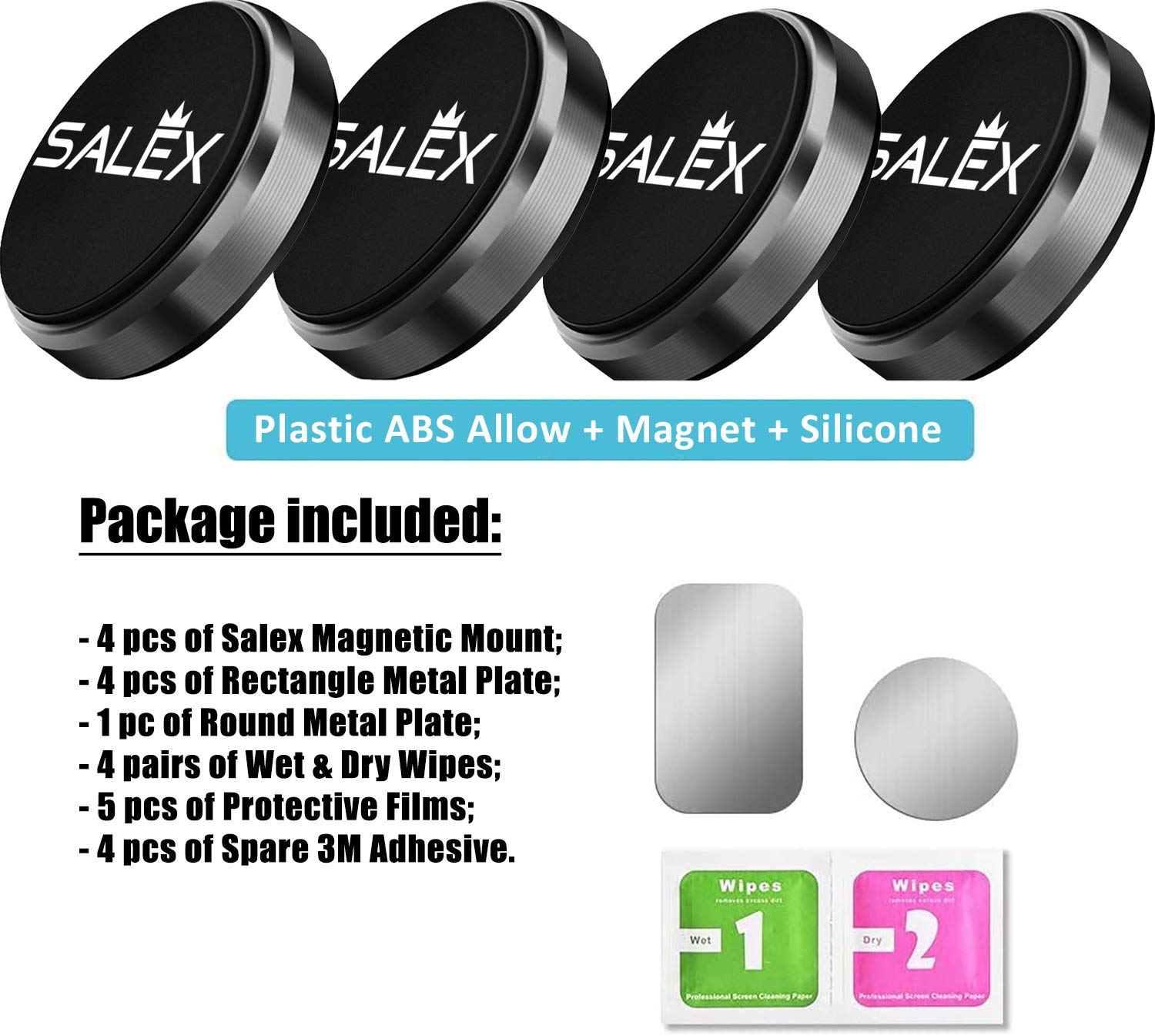 SALEX Juego de 4 soportes magnéticos negros para salpicadero de coche, pared, parabrisas, espejo, mesa, kit universal adhesivo compatible con GPS, tabletas y smartphones de hasta 13,3 pulgadas.