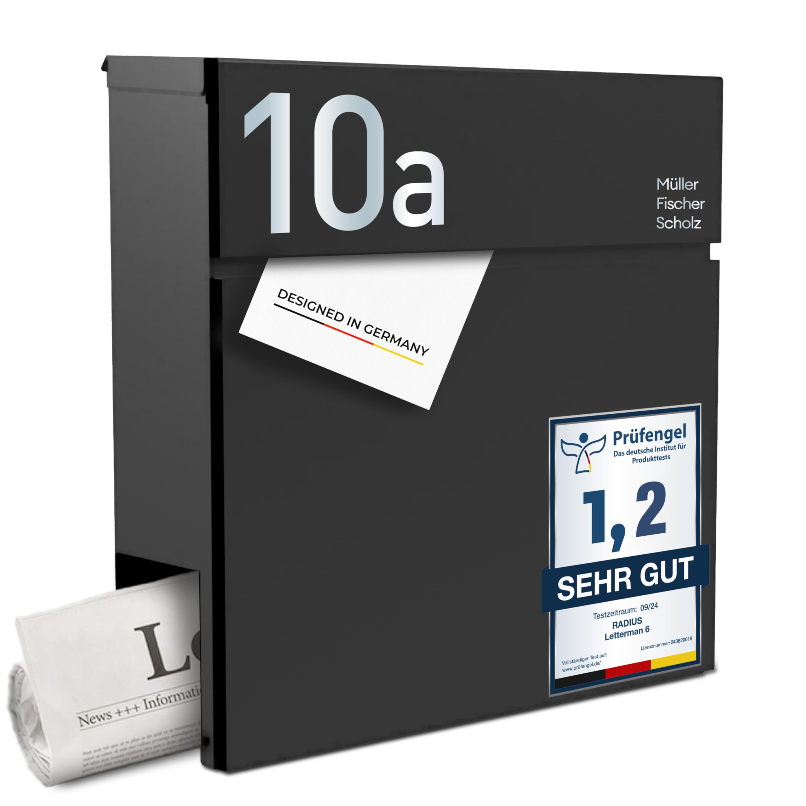 Radius Designer Briefkasten Letterman 6 Anthrazit, personalisierte Lasergravur - wetterfester pulverbeschichteter Stahl - mit Zeitungsfach - inkl. Montageset - 10 Jahre Funktions- & Korrosionsgarantie