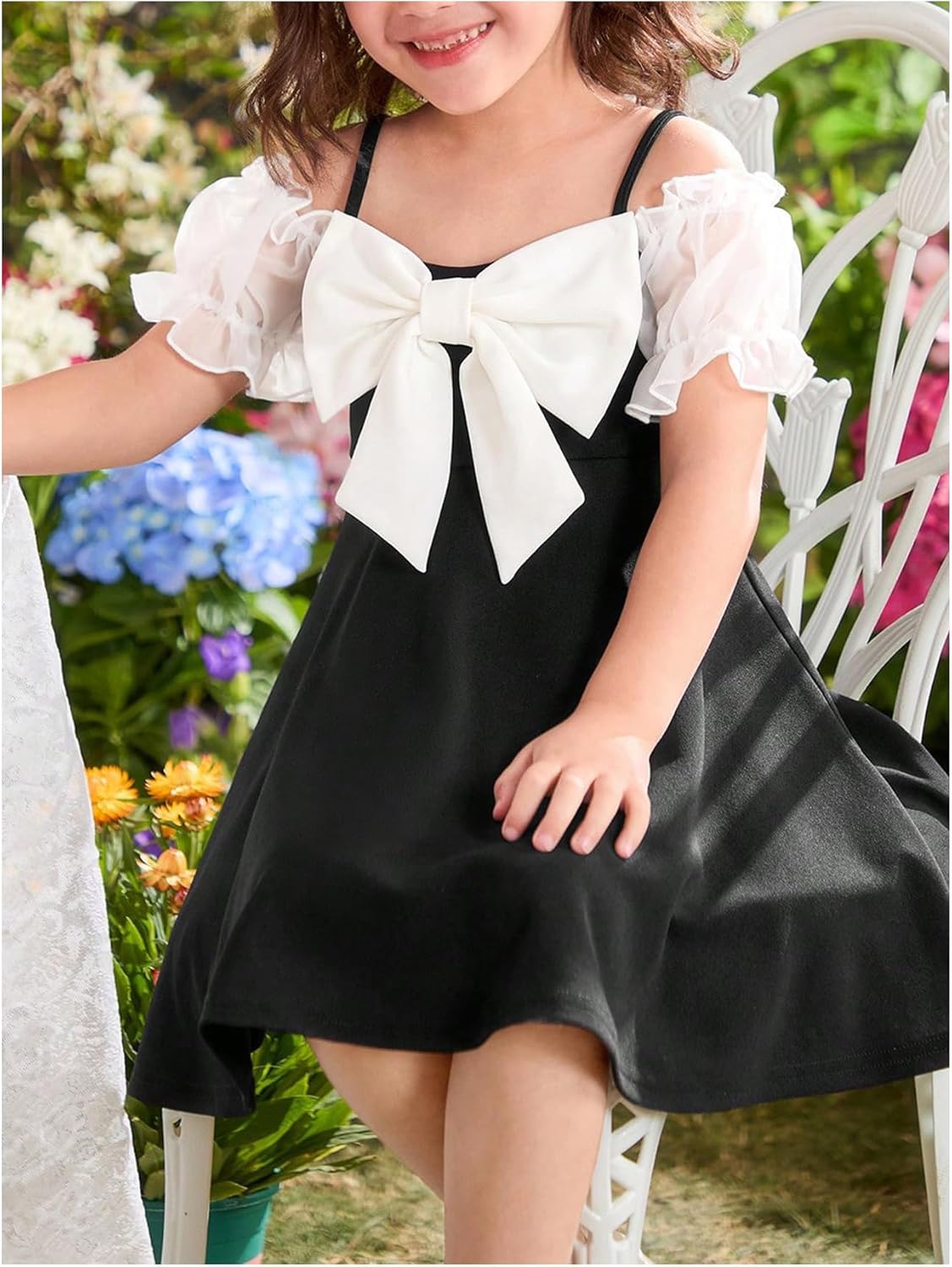 MakeMeChic Girl's Summer Dress Cute Bow Knot A Line Spaghetti Strap Puff Sleeve Mini Party Dresses - Image 3