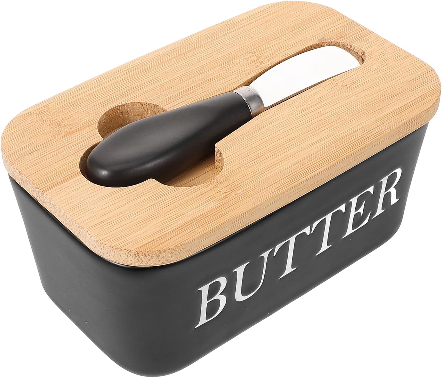 Ceramic Butter Dish with Lid and Cutter Large Rectangular Butter Container for Refrigerator Storage Black Ceramic for Home and Restaurant Use