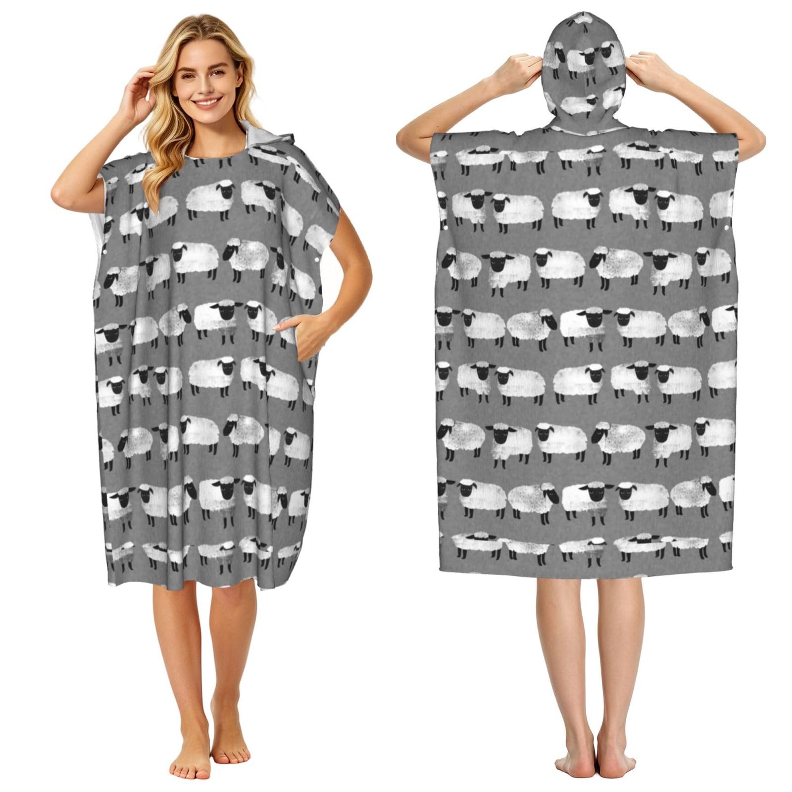 Poadnly Sheep Kids Grey Gender Neutral Farm Animals, Adult Hooded Beach Towel 90 x 110 cm,Changing Bath Robe, Surf Poncho Towel For Women Men