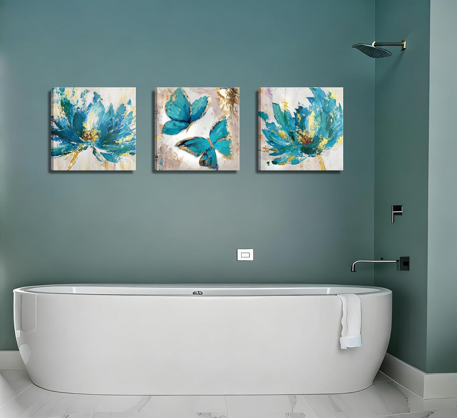 3Pcs Blue Gold Abstract Floral Canvas Wall Art Modern luxury Elegant Butterflies and Flowers Painting Picture Wall Decor Poster Print Artwork for Living Room Bedroom Home Decoration - Image 4