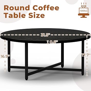 FAMIDGE Coffee Table, 31.5 Round Black Coffee Table for Living Room, Center Tables for Family & Office Use, Circle Coffee Tables Round, Large Black (31.5 D x 17.7 H)