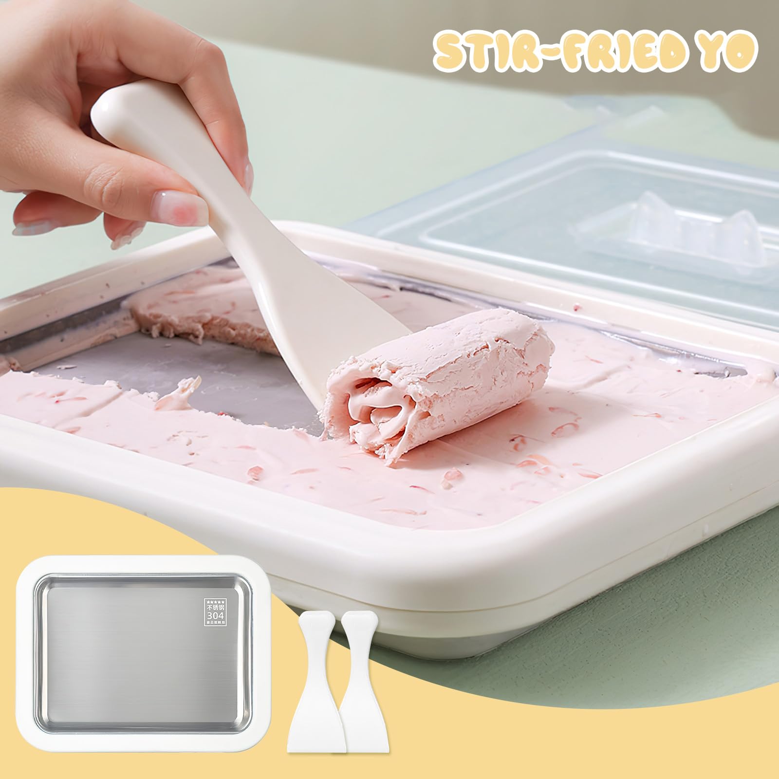 Płyta do robienia lodów, w zestawie z 2 szpatułkami Ice Cream Machine, Ice Rolls Maszyna, Maszyna do rolek lodowych ze stali nierdzewnej (White, 1)
