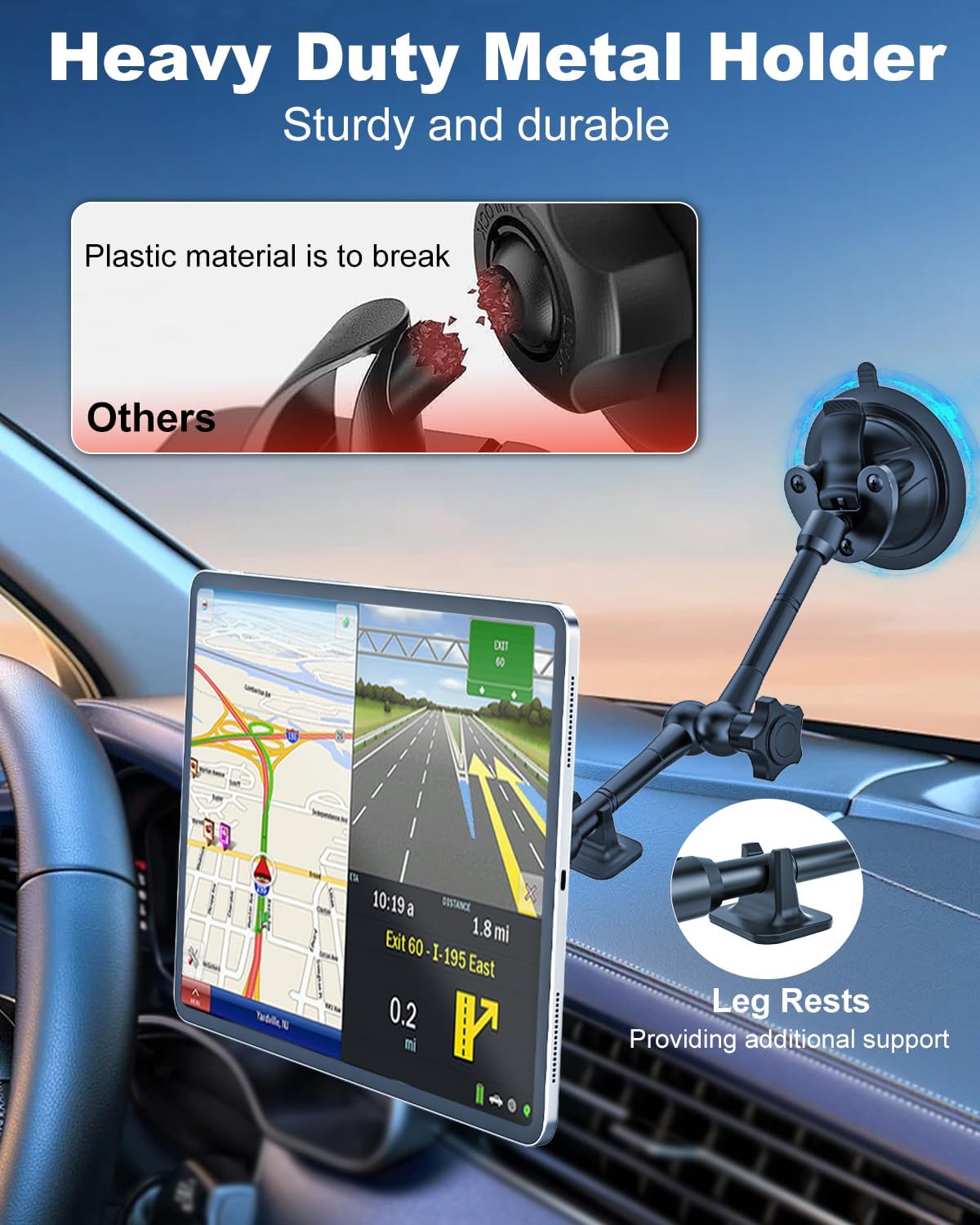 Magnetic Tablet Holder for Car - Strong Magnet, Metal Arm Dashboard Windshield iPad Suction Mount for Truck, Pickup, SUV, Van, Fit for 4-11" iPad Pro/Air/Mini, Galaxy Tabs, iPhone