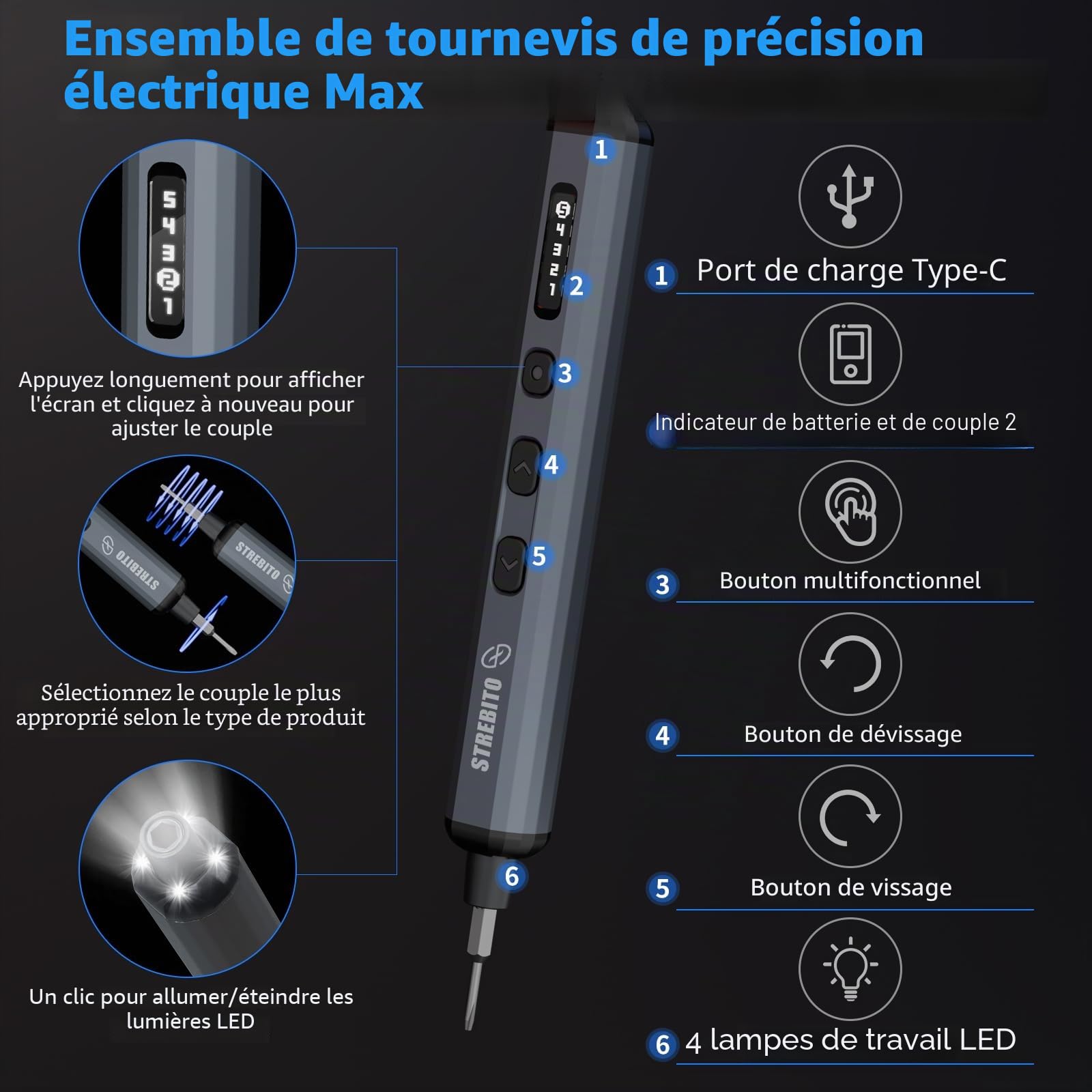 STREBITO Mini tournevis électrique, petit tournevis électrique 70 en 1