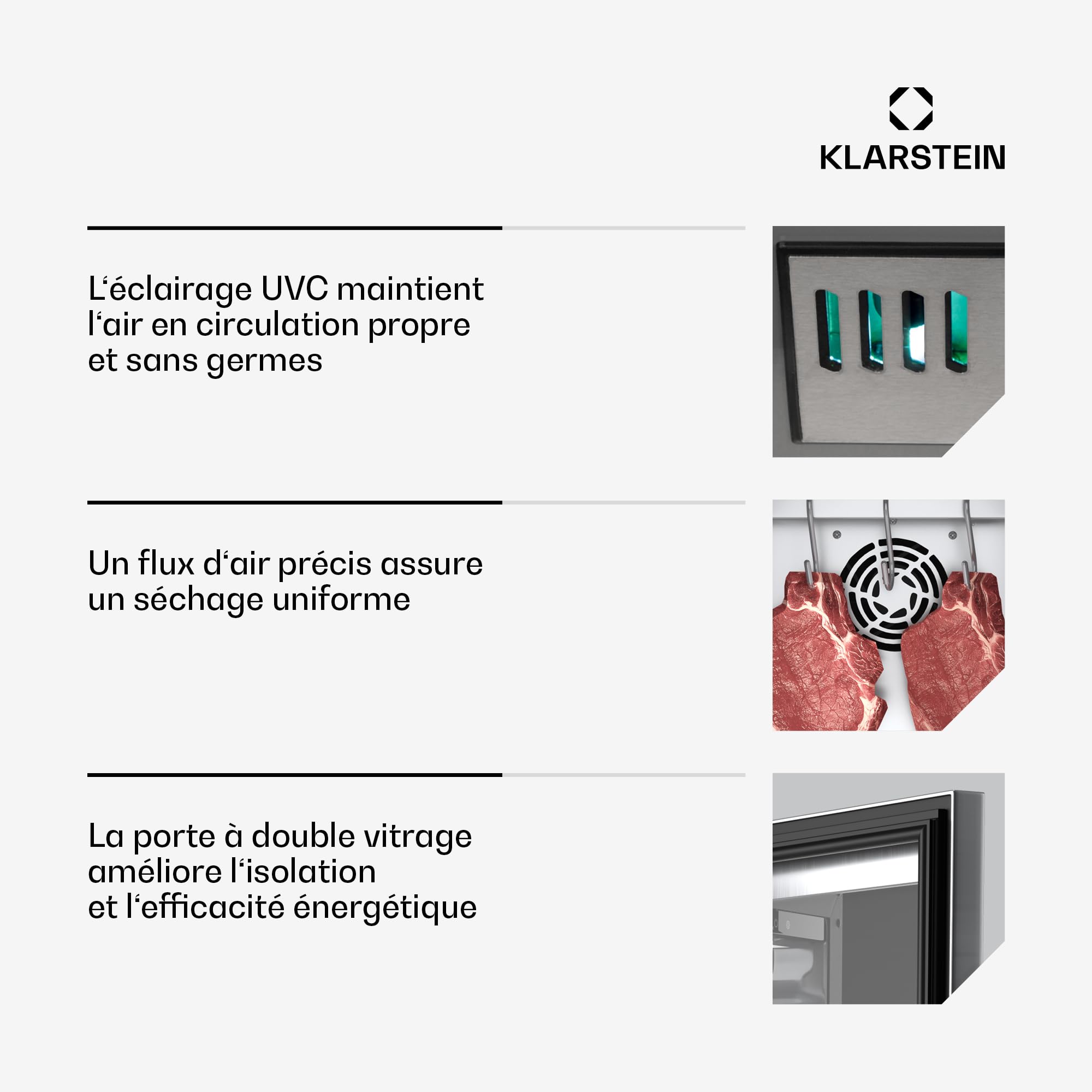 KLARSTEIN Cave de Maturation de Viande, 88L Frigo Vieillissement Viande avec Contrôle Température & Humidité, Éclairage UVC Antibactérien, Panneau Tactile, Porte Double Vitrage, Acier Inoxydable