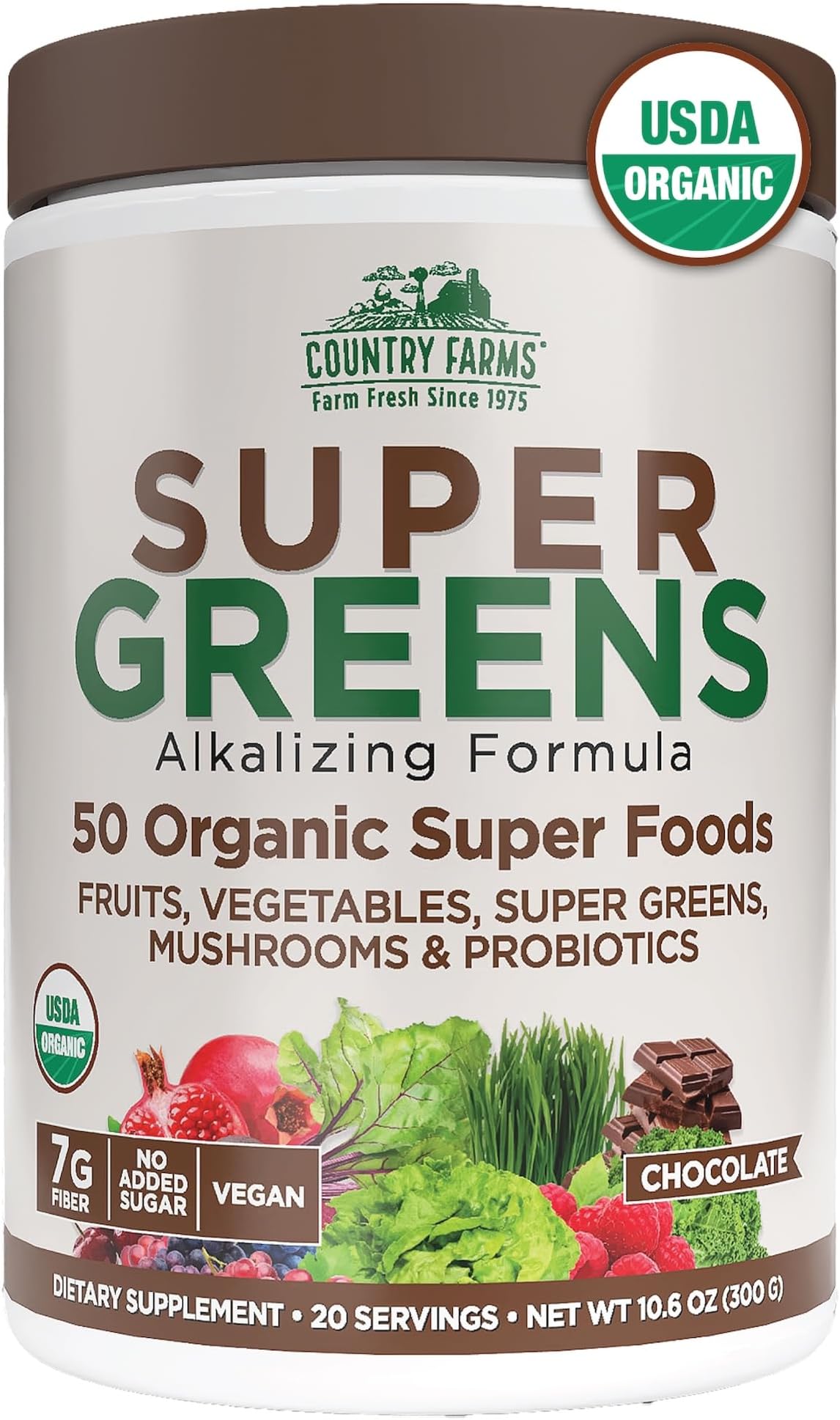 โ Super Greens Chocolate Flavor, 50 Organic Super Foods, USDA Organic Drink Mix, Fruits, Vegetables, Super Greens, Mushrooms & Probiotics, Supports Energy, 20 Servings, 10.6 Oz