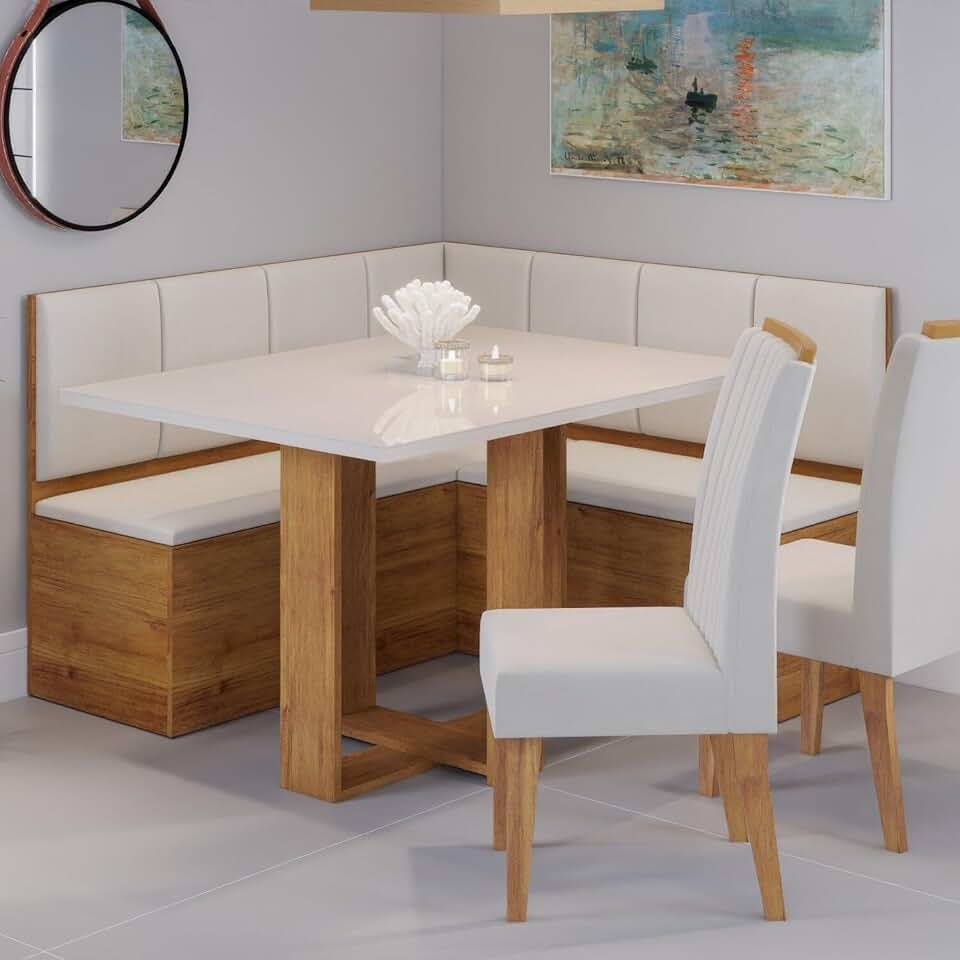 Conjunto Canto Baú com Mesa de Jantar Retangular 120x80cm SEM Vidro e 2 Cadeiras Mel/Off White/Marfim
