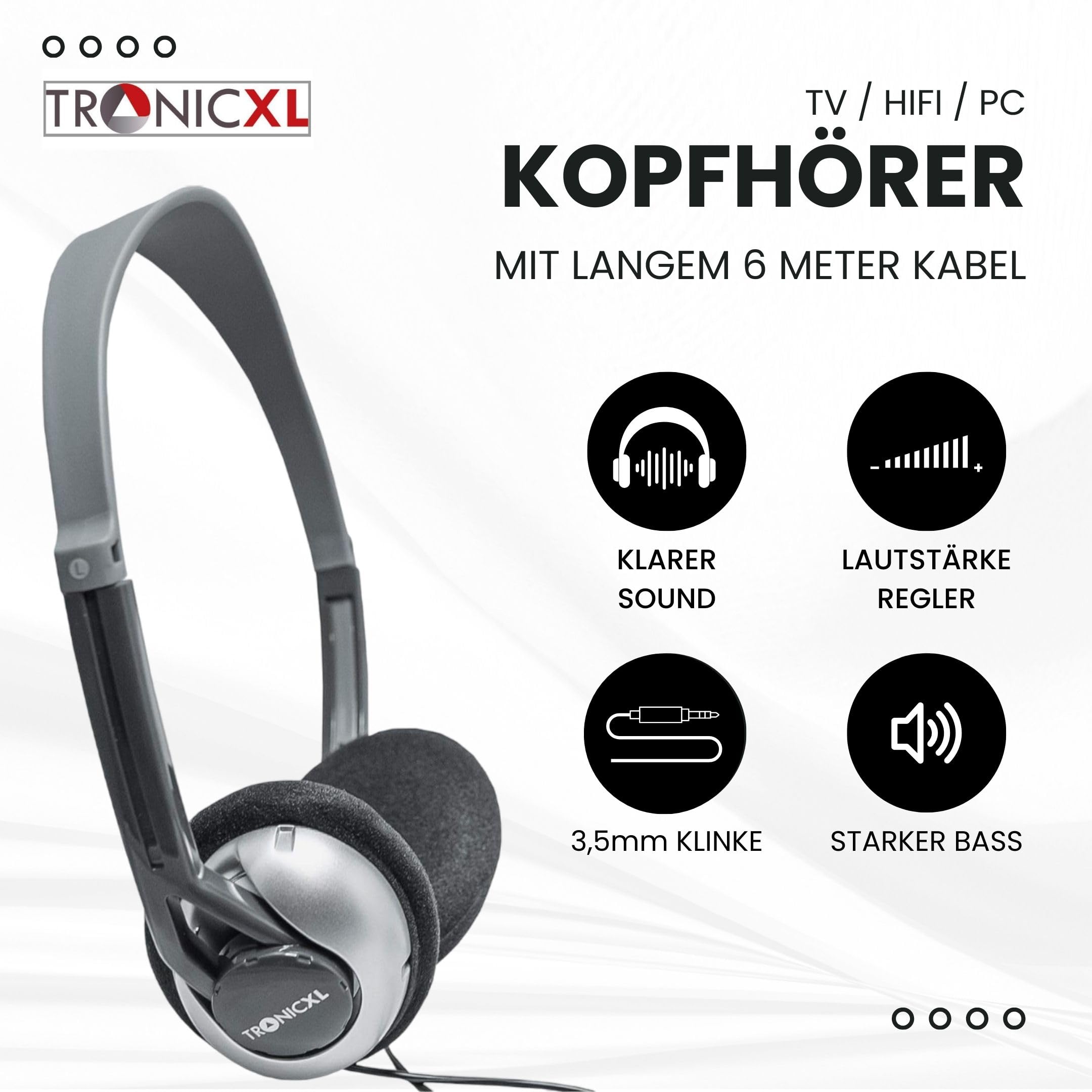 TronicXL Fernseh Kopfhörer 6m langes Kabel Kopfbügel kompatibel mit für Fernseher Samsung LG Sony Toshiba DYON JVC Philips Apple iPad iMac Computer etc Stereokopfhörer Headphones Klinkenstecker