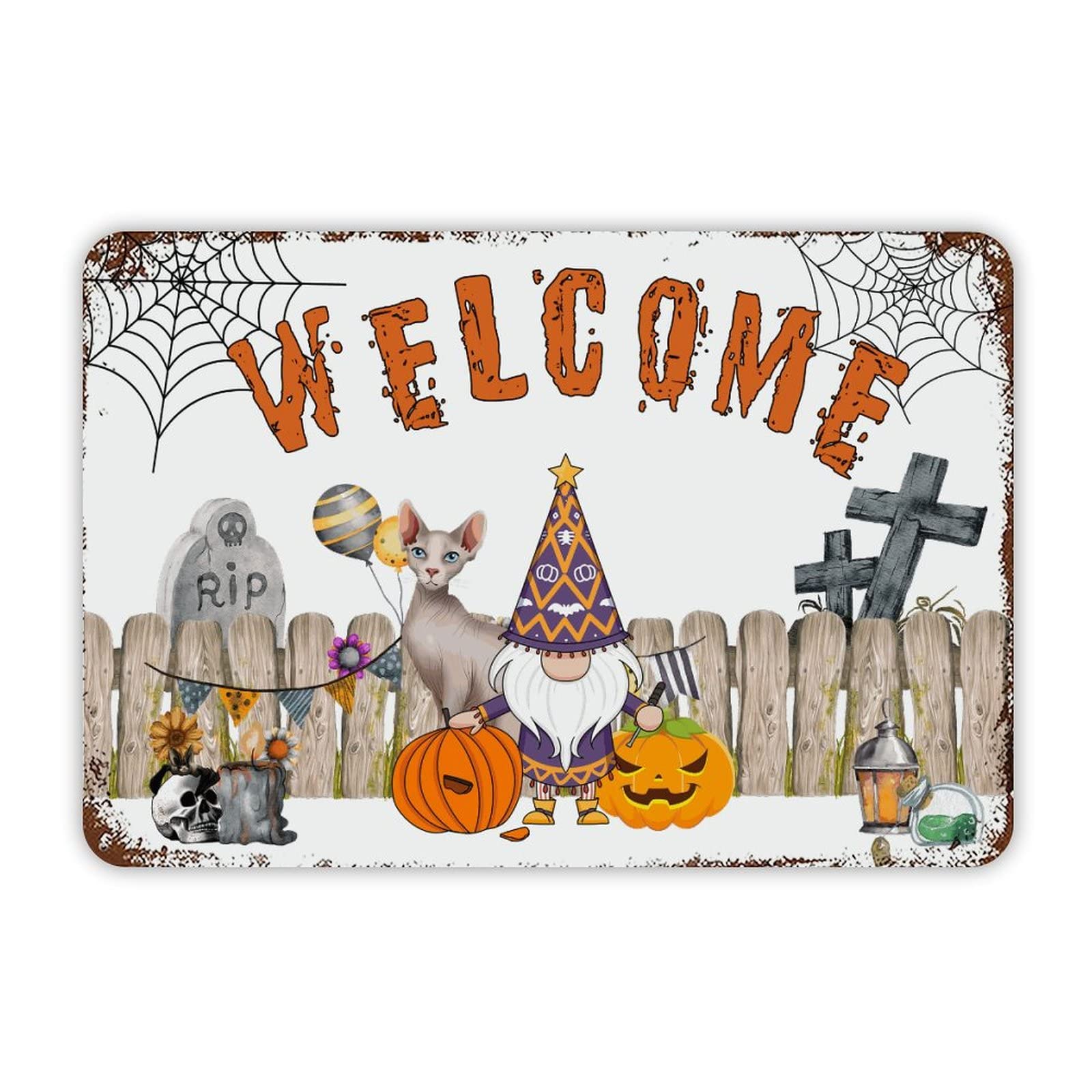 ENEDNATE Welcome Halloween Pumpkin Gnome Cat Aluminum Tin Metal Sign for Indoor Outdoor Business Retail Store Patio Yard Home Decoration Easy to Mount Wall Art Print Poster 8x12 Inch
