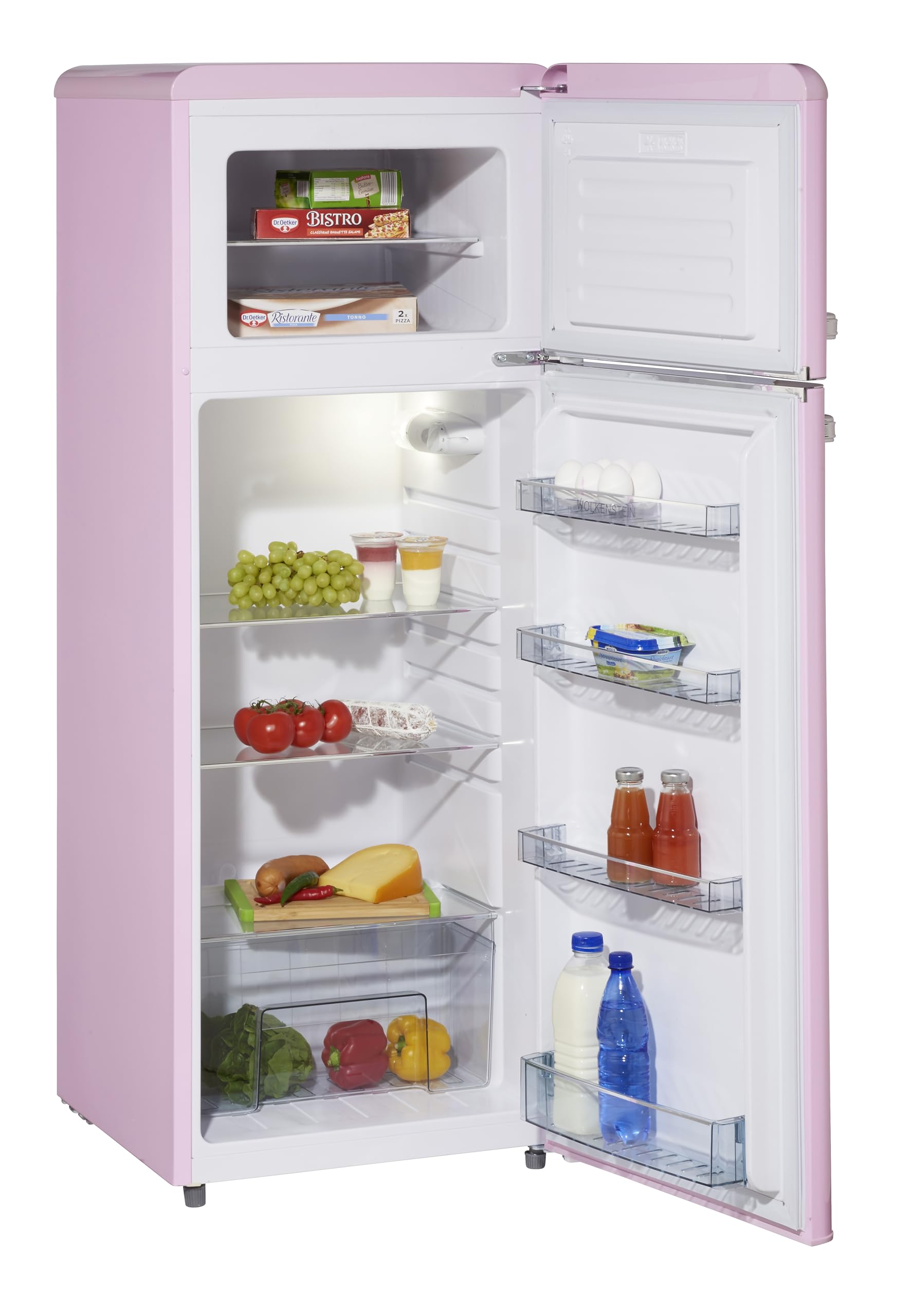 Wolkenstein Retro Kühl-Gefrier-Kombination Pink Glanz GK212.4RT SP | 211 Liter | Nostalgie Design Kühlschrank | 39 Liter 4 Sterne Gefrierfach | LED-Beleuchtung | Silber Applikationen
