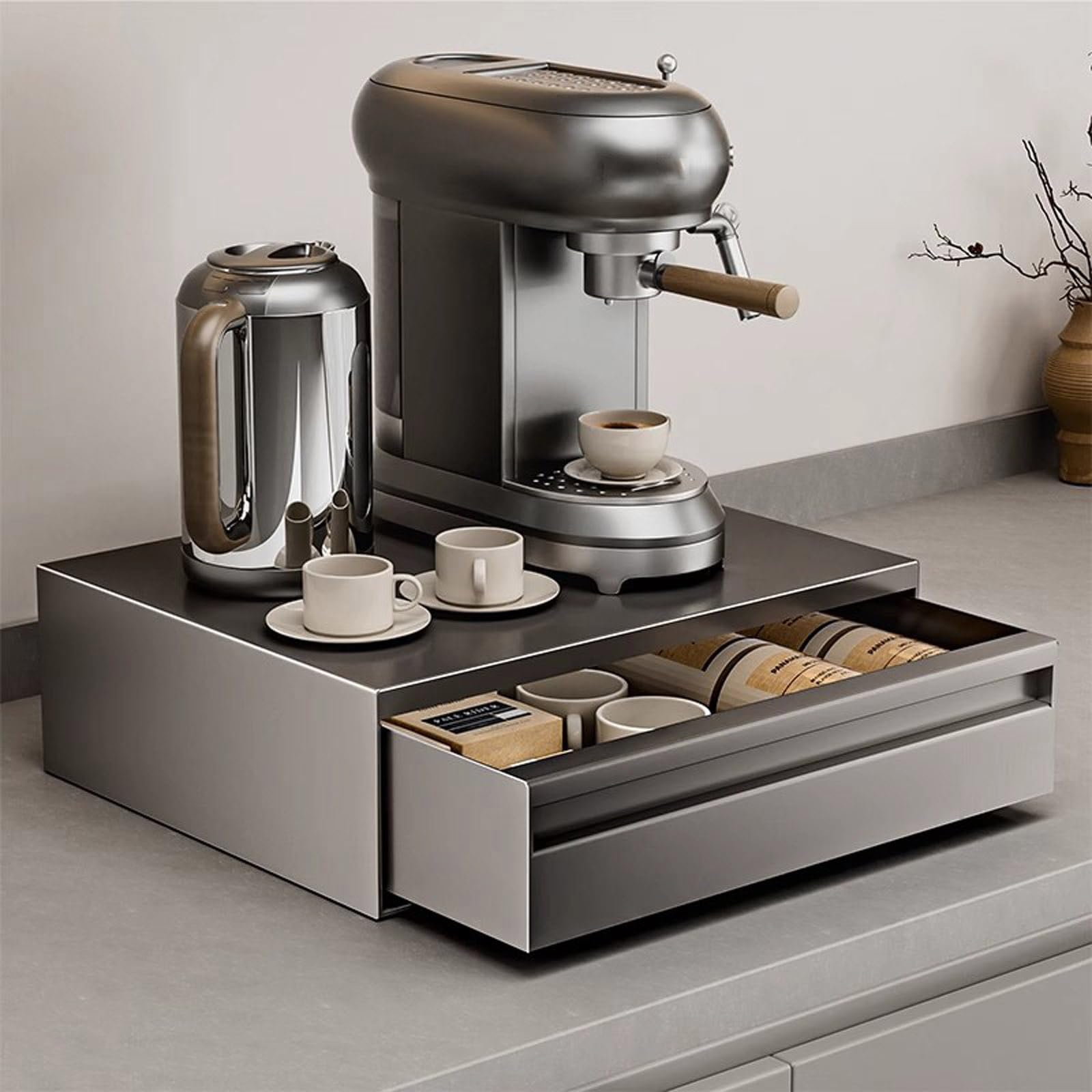 Supporto per microonde in acciaio al carbonio con cassetti estraibili, organizer da banco per microonde compatti, caffetterie ed elettrodomestici da cucina, grigio (44 cm)