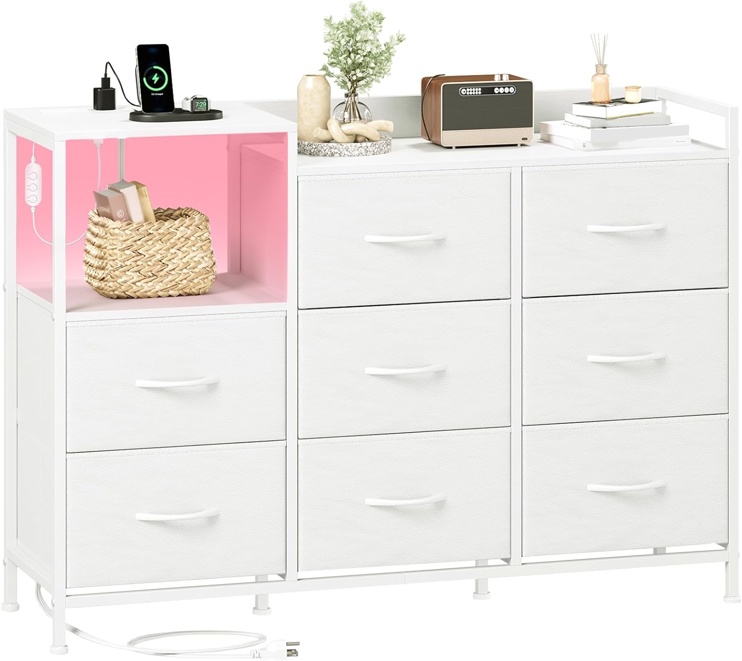 Somdot White Dresser for Bedroom with 8 Drawers,Wide Fabric Night Stand for Storage and Organization with Fabric Bins,Chest of Drawers for Bedroom Chest of Drawers for Living Room Entryway