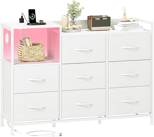 Vista 12 de Somdot Mesita de noche negra con estación de carga y luz LED, cómoda ancha de 5 cajones para dormitorio con contenedores de tela y estante abierto