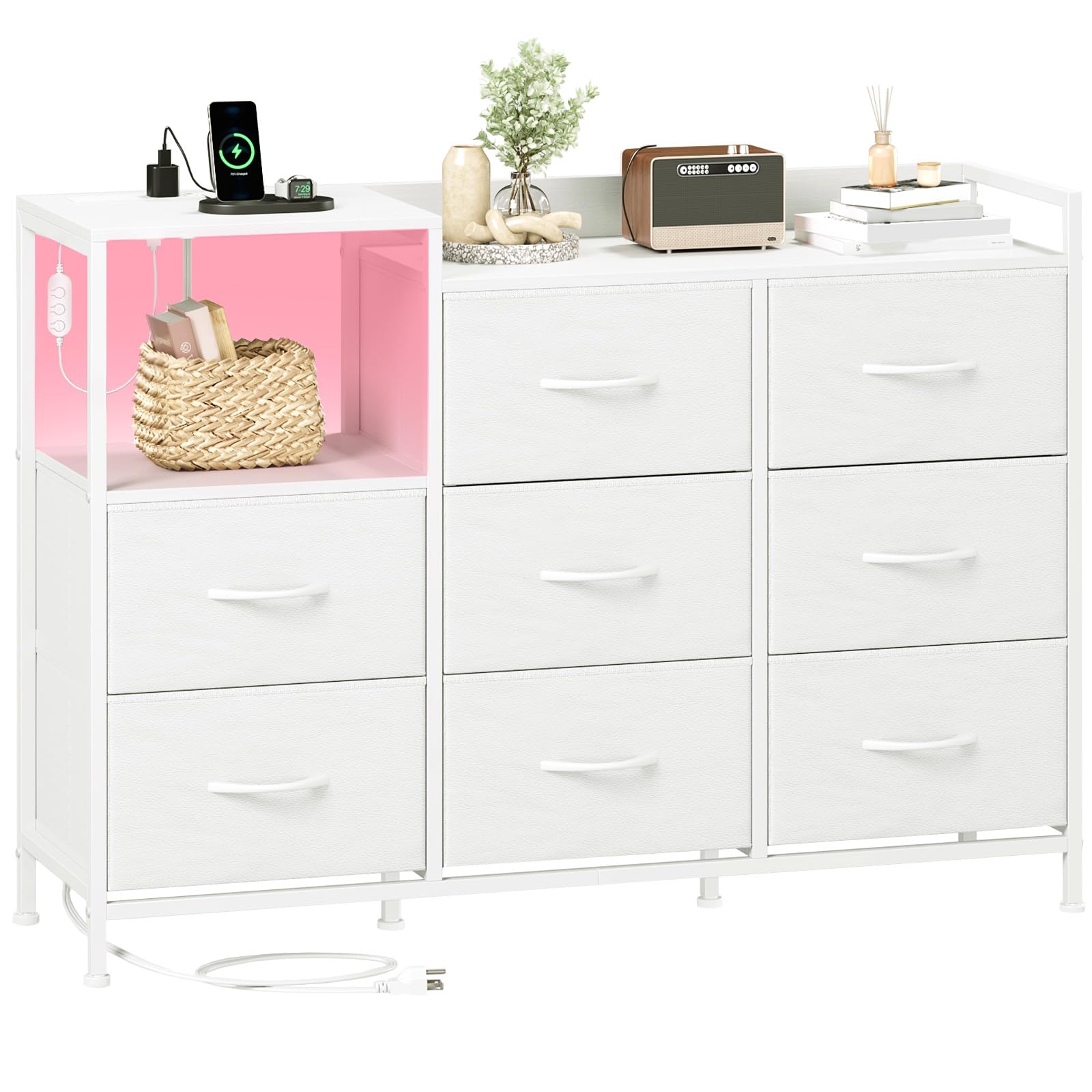 Somdot Chest of Drawers with Charging Station and LED Light, 8 Drawers Storage Unit for Bedroom with Outlets and USB Ports, Storage Cabinet for Kids Dorm Living Room Closet, White Leather
