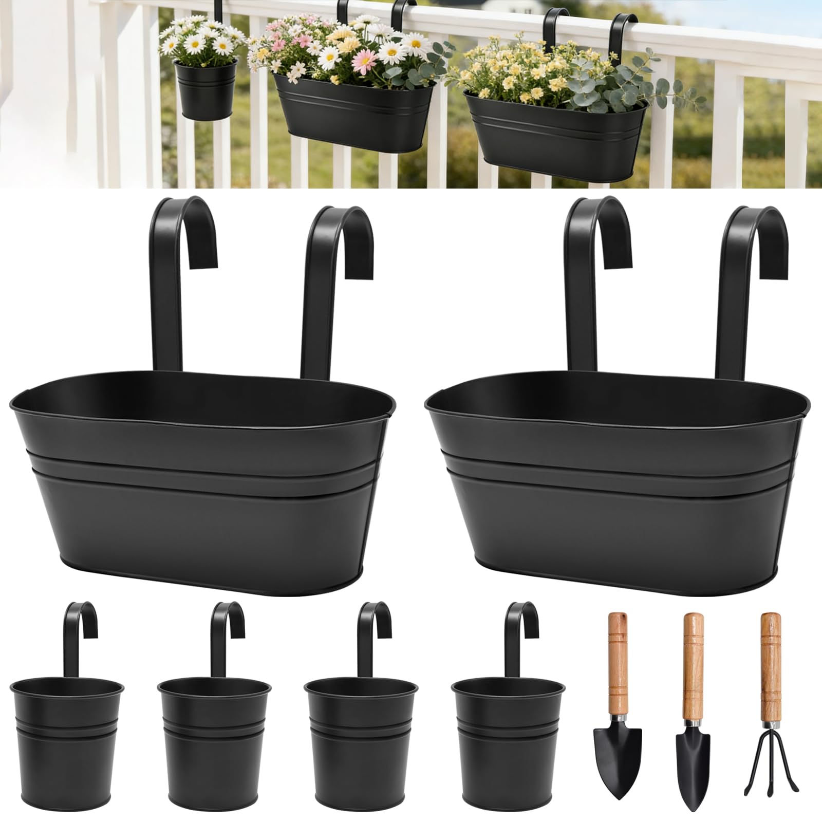 6PCS Pots de Fleurs Suspendus avec 3 Outils de Jardinage, Jardiniere Suspendue avec Trou de Drainage et Crochets Amovibles, Résistantes à la Rouille, Pots pour Balcon, Balustrade, Clôture