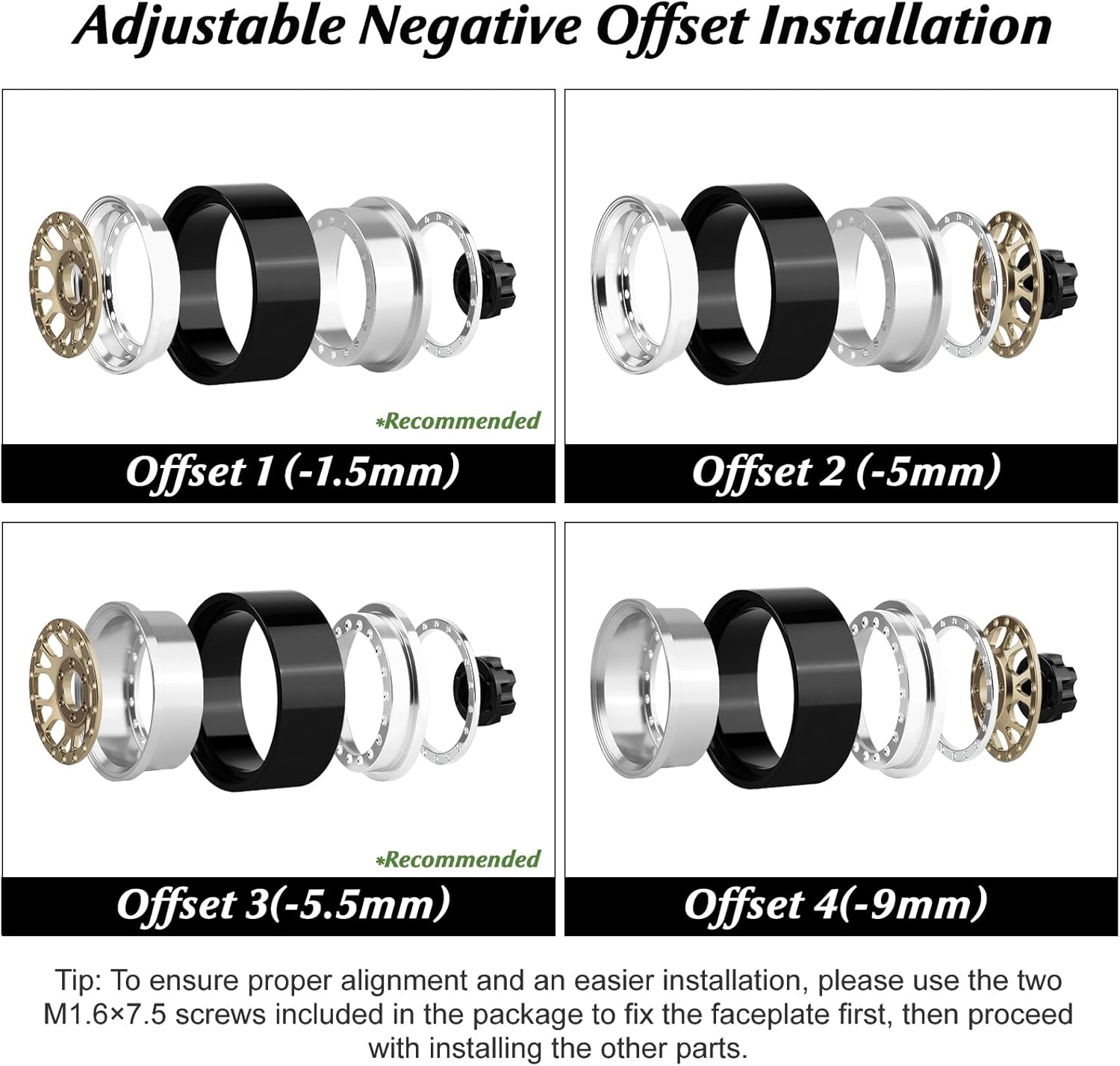 1.3″ Beadlock Wheels, Aluminum Alloy Adjustable Negative Offset Rims for 1/18 1/24 RC Micro Crawlers Ascent18 TRX4M SCX24 FCX24 Upgrades Parts, 4PCS