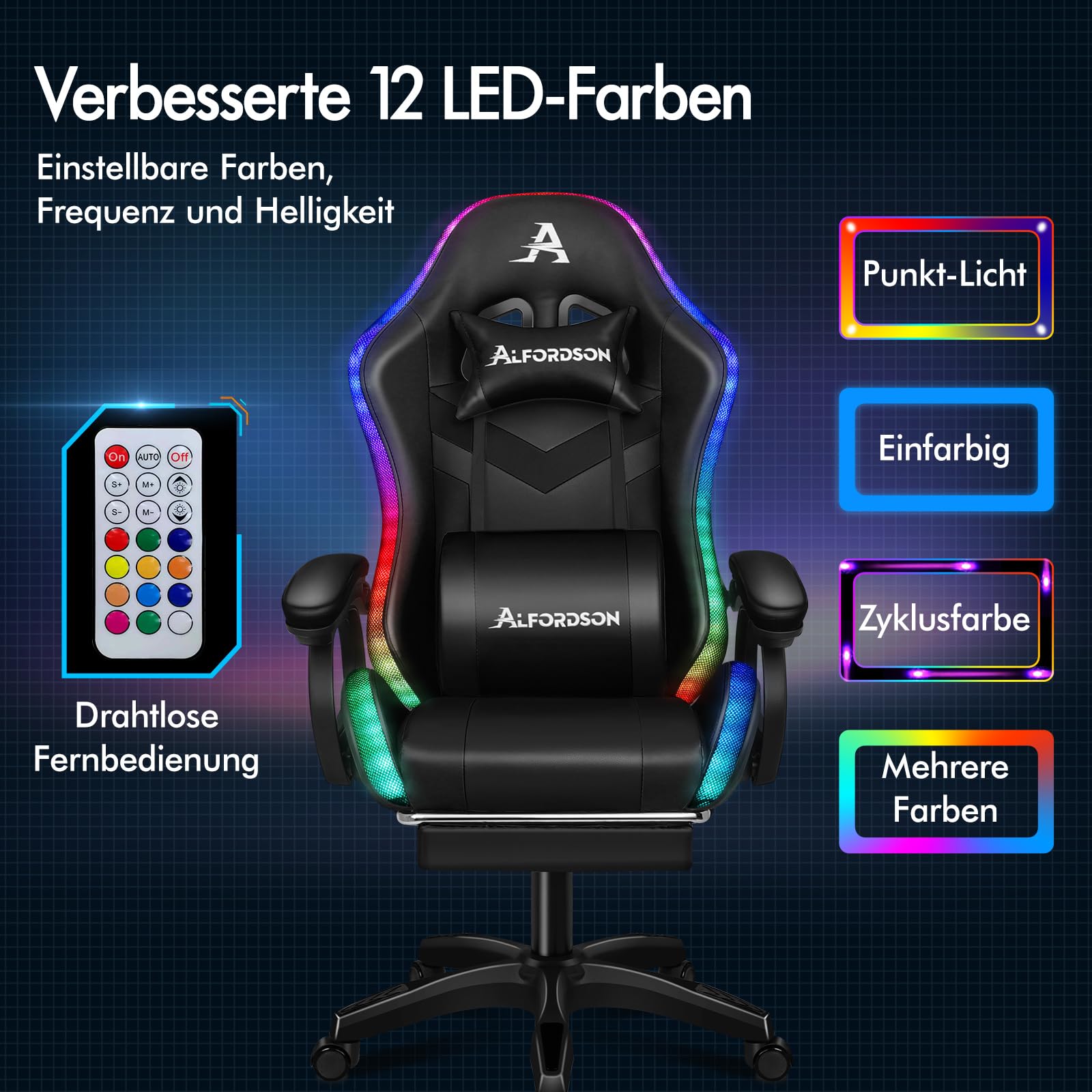 ALFORDSON Gaming Stuhl Gamer Stühle RGB LED Racing Gamer-Stuhl PC-Gaming-Sessel Massage Bürostuhl ergonomisch Fußstützen, Schreibtischstuhl, Neigungswinkel 90-150°,180 kg belastbar, Schwarz