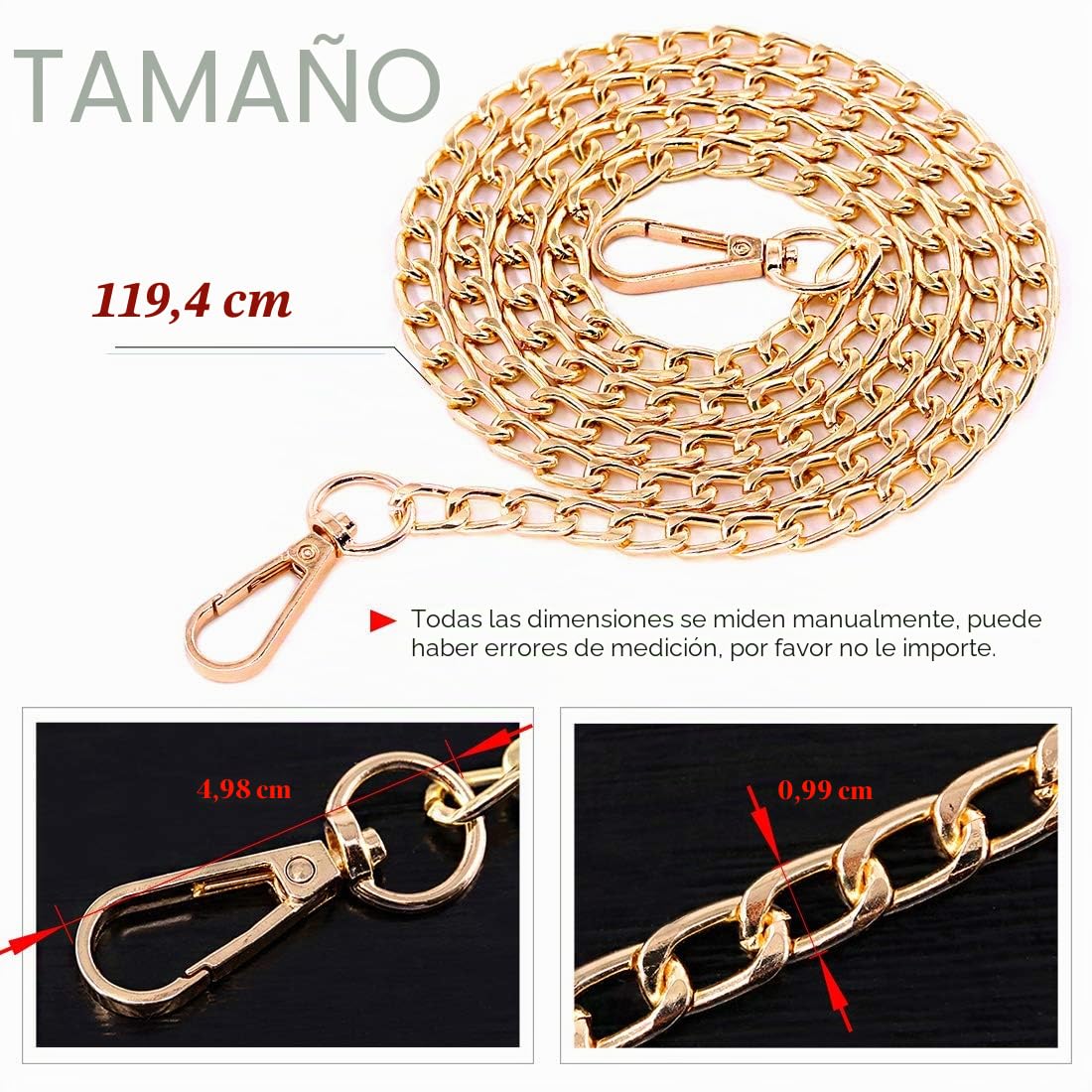 Swpeet Juego de 4 Correas de Cadena Plana de Repuesto de 47 Pulgadas con Hebillas, Bricolaje, Bolsa de Hombro de Metal, Bolsa de Mano, Bolsa de Mano de Repuesto (Oro + Plata + Bronce +