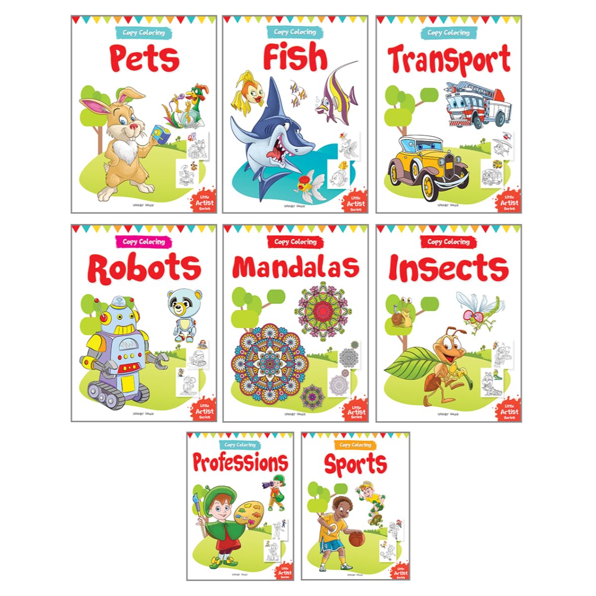 Let's Color: Copy Color Art Pack of 8 Books (Transport, Professions, Pets, Fish, Insects, Robots, Mandalas and Sports) - 3 years to 8 years