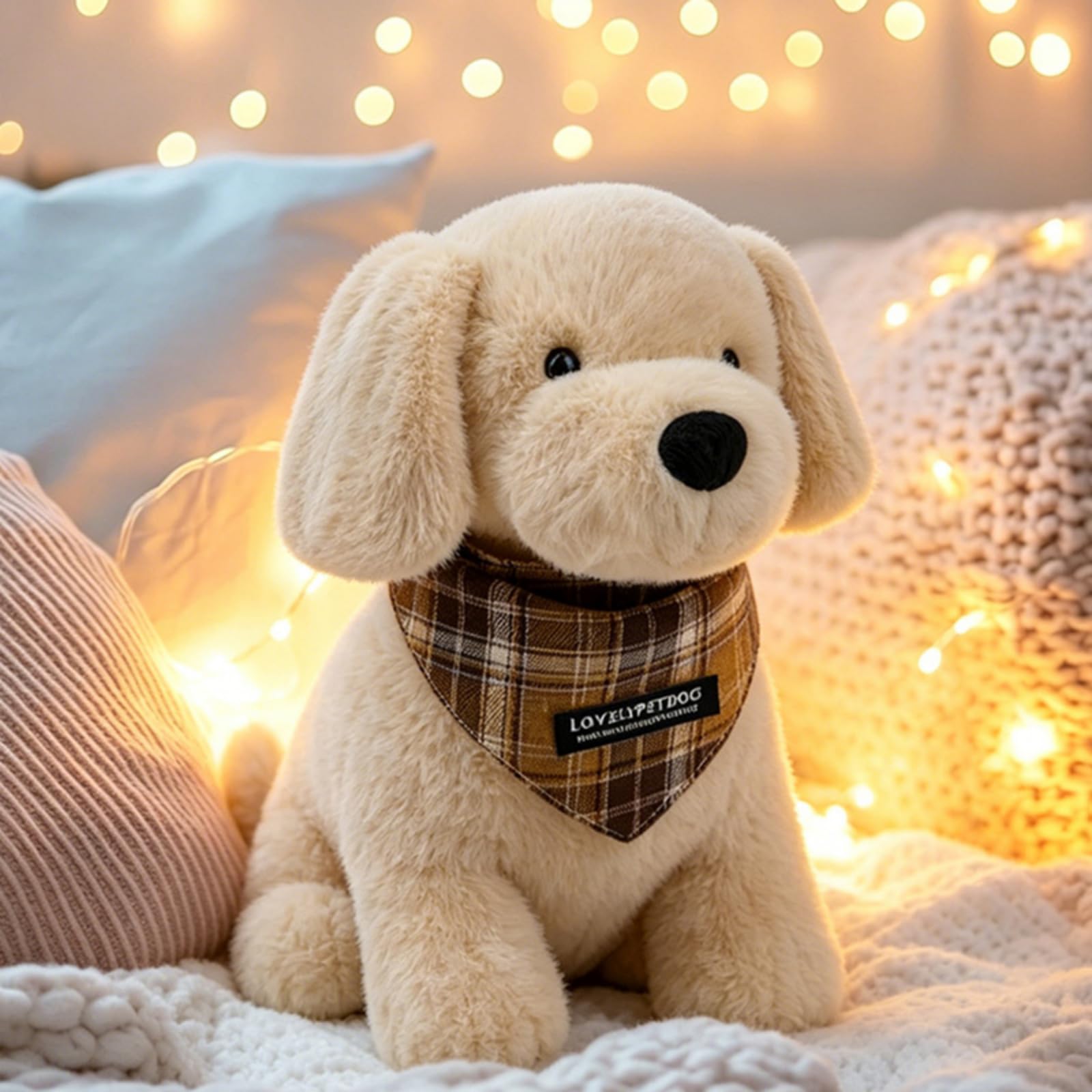 champracer Kuscheltier Hund,Niedliches Hunde Plüschtiermit Schal, für Wohnzimmer,für Zimmerdekoration & Geschenk für Kinder (50cm,Brauner Schal)