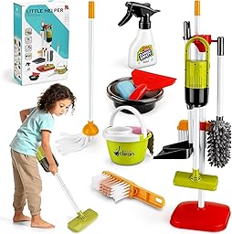 TOSUTO Aspirateur Enfant Qui Aspire Vraiment avec Fonction d'aspiration et sonore,14 Pièces Kit Menage Enfant,kit de Nettoyage,Jouet pour Enfants à partir de 3 Ans (Vert)