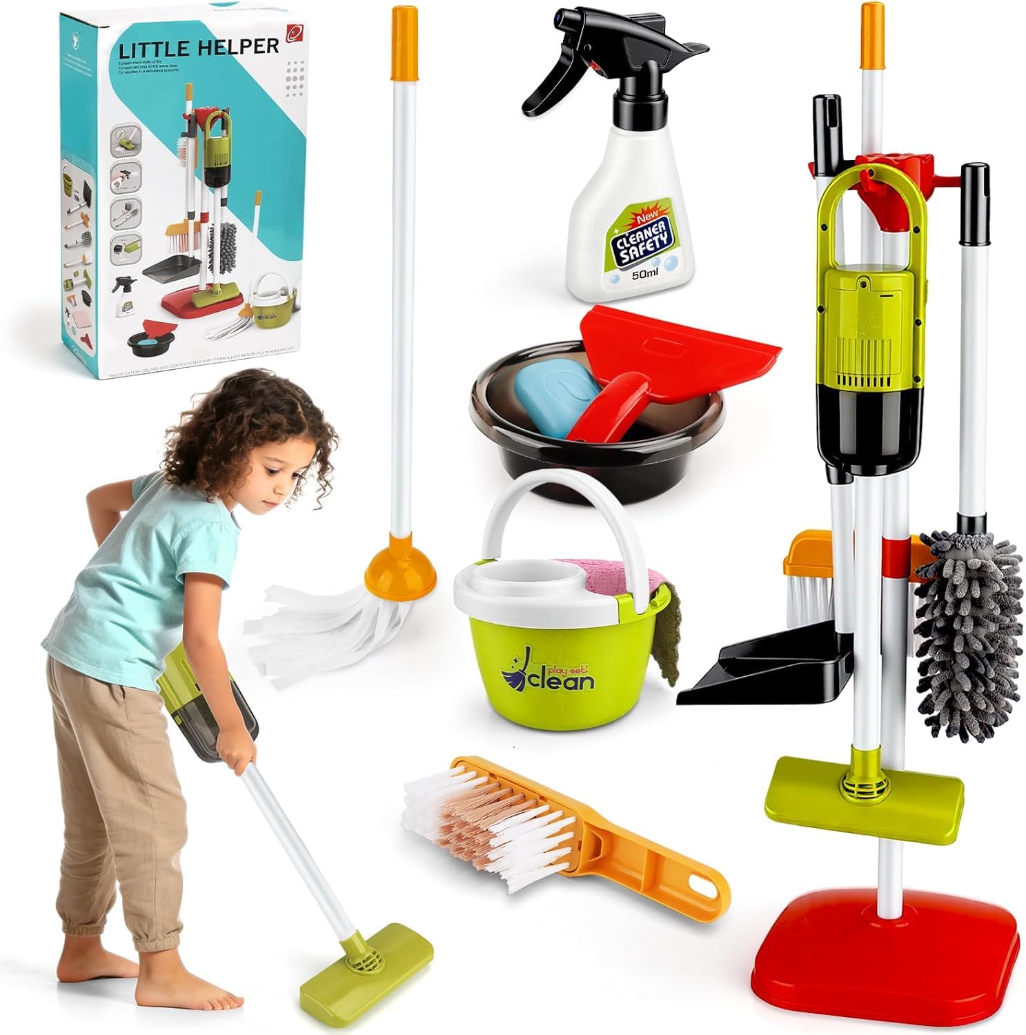 TOSUTO Aspirateur Enfant Qui Aspire Vraiment avec Fonction d'aspiration et sonore,14 Pièces Kit Menage Enfant,kit de Nettoyage,Jouet pour Enfants à partir de 3 Ans (Vert) - 1