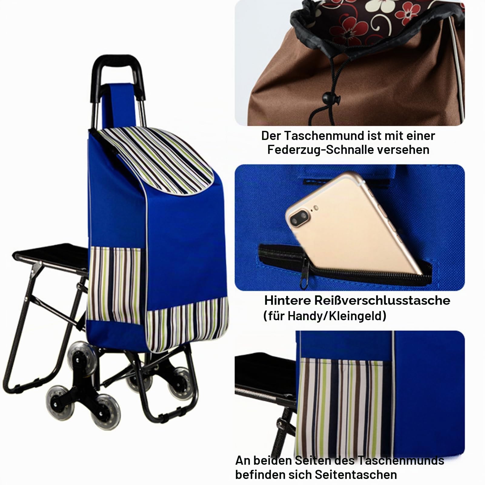 Einkaufstrolley Klappbar mit Sitz, Trolley Einkaufstrolley Treppensteiger, Robust und Langlebig, Faltbarer Einkaufswagen, Großvolumig für Einkauf, Wäsche, Reise