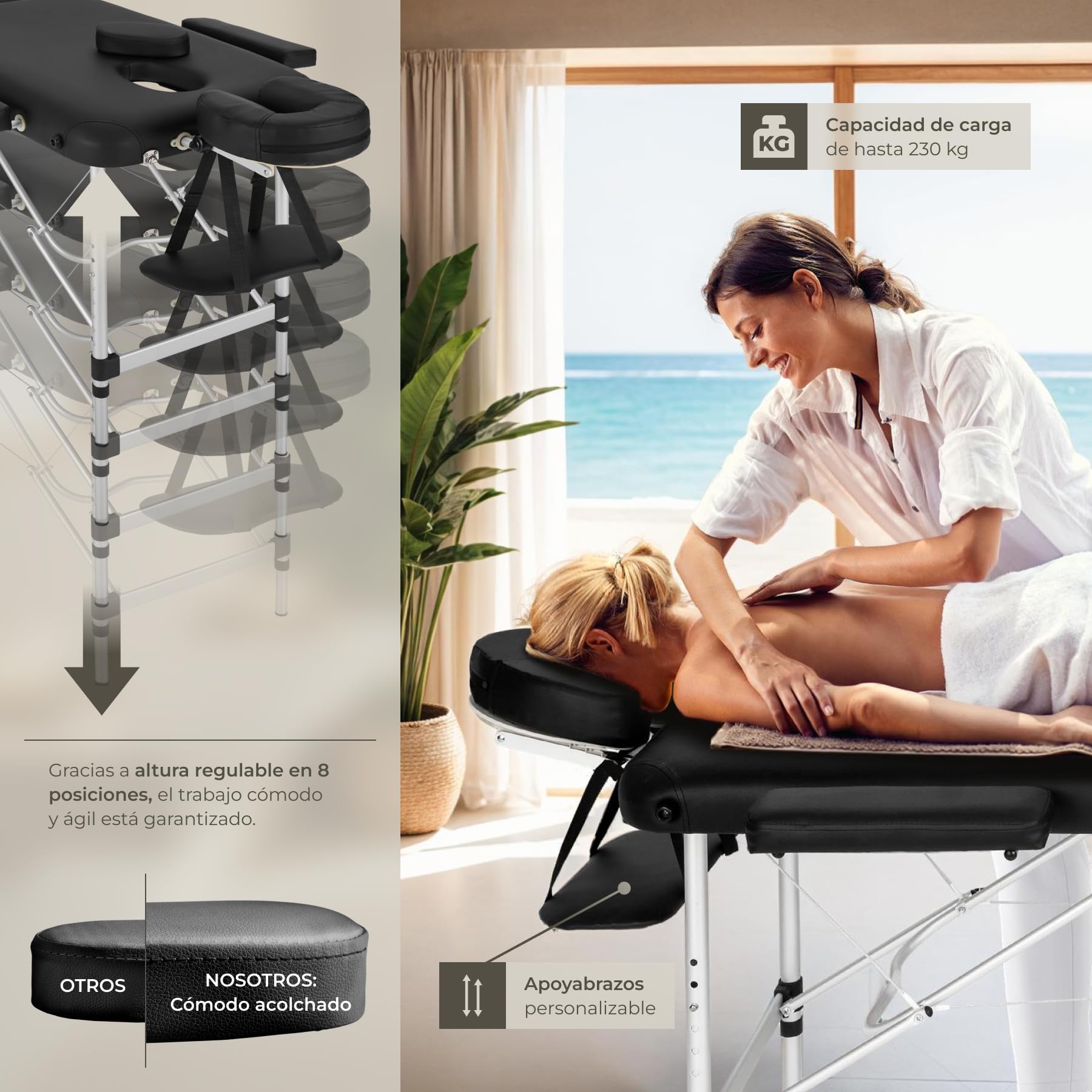 tectake® Camilla Masaje Plegable, Camilla Profesional Fisioterapia, Quiromasaje, Tatuajes, Reiki, Camilla Estética Profesional de Aluminio, Ajustable en Altura, 2 Zonas, con Bolsa Transporte - Negro
