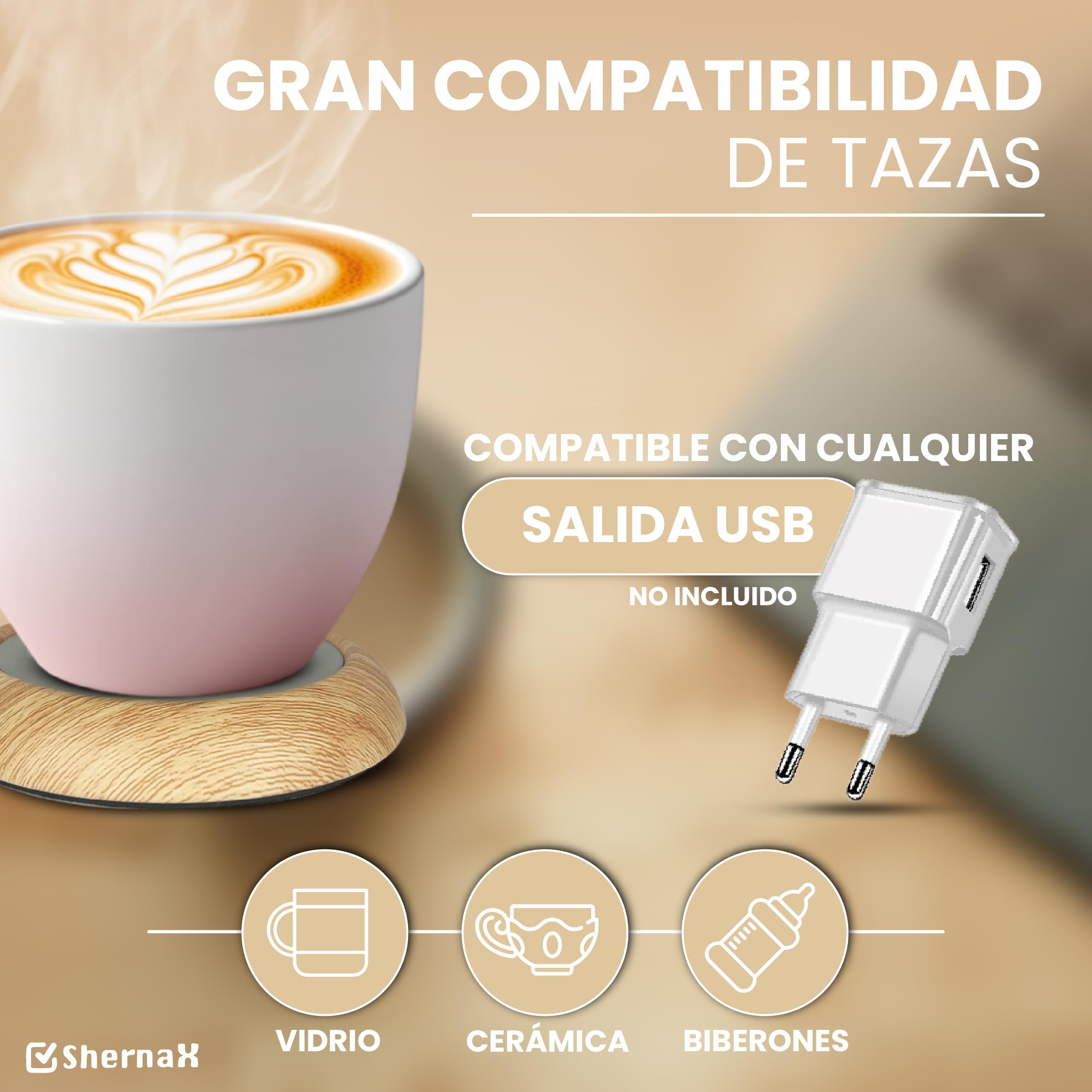 Calentador de Tazas de Café. Calienta Taza USB Calentador de Bebidas Portátil con Temperatura hasta 80℃ Calienta Tazas de Té, Café, Leche (Madera Clara)
