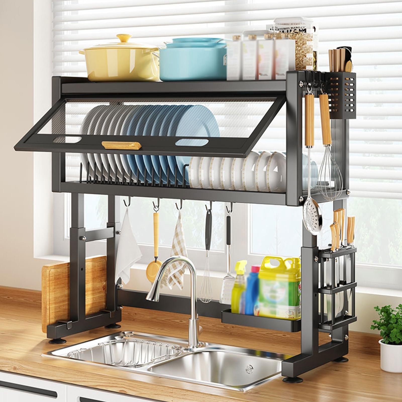 Grand égouttoir à Vaisselle avec Rabat magnétique à Poser sur l'évier, Hauteur réglable, Porte-ustensiles de Cuisine Multifonctionnel, Ensemble de Luxe Gain de Place(Black,85cm/33.4in)