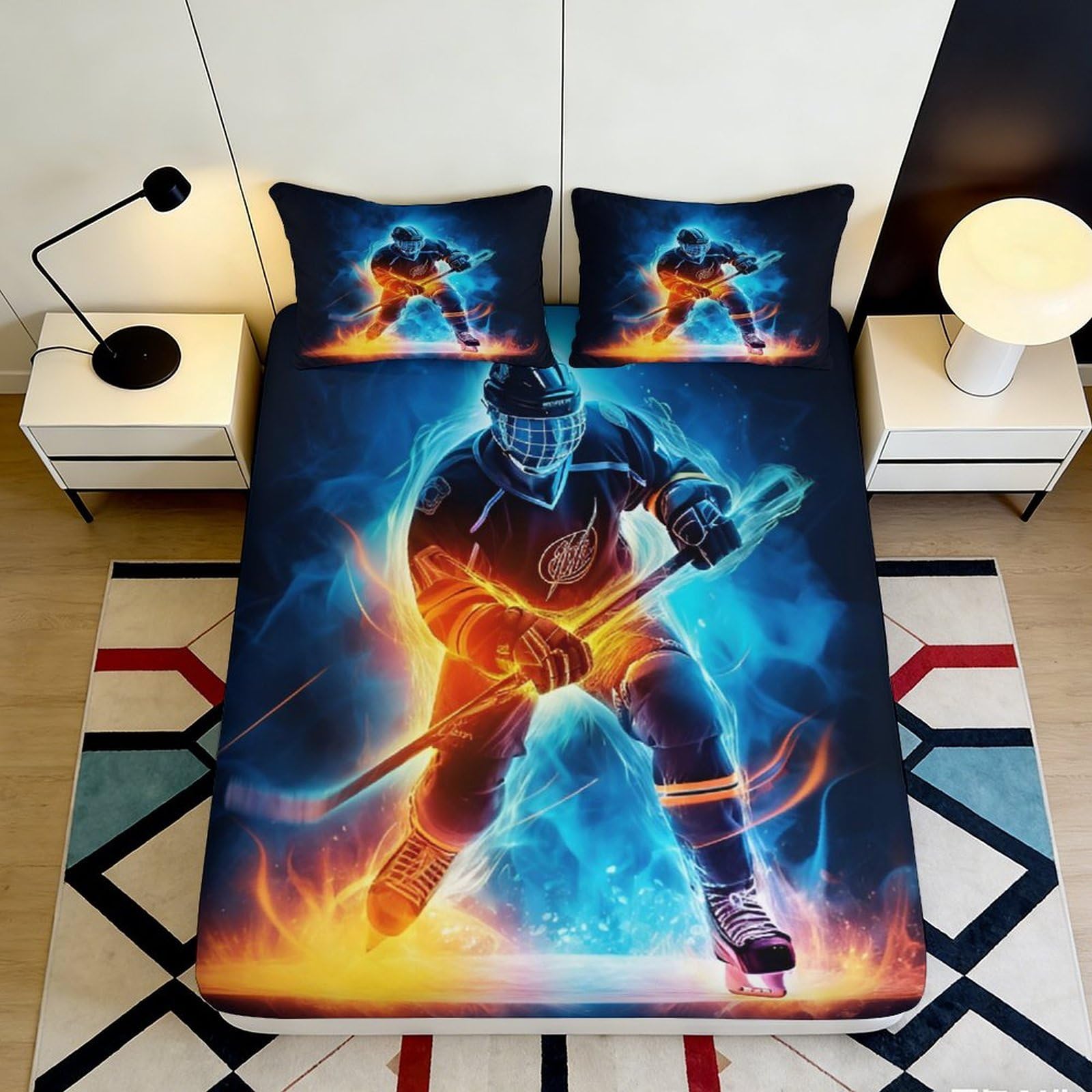 3D Printed Ice Hockey Fire Fitted Sheet Microfiber Soft Non Slip Mattress Cover for Bedroom Dorm Guest Room Decor 90x200x25cm