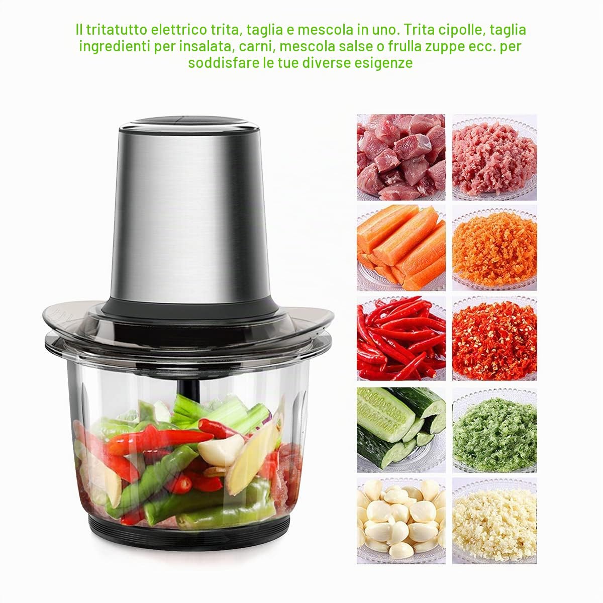 Tritatutto da Cucina Elettrico 400W, Mini Robot da Cucina con Ciotola in Vetro da 1.5L, Frullatore Tritatutto Multifunzione con 4 Lame Affilate per Carne Verdure Frutta, 2 Velocità