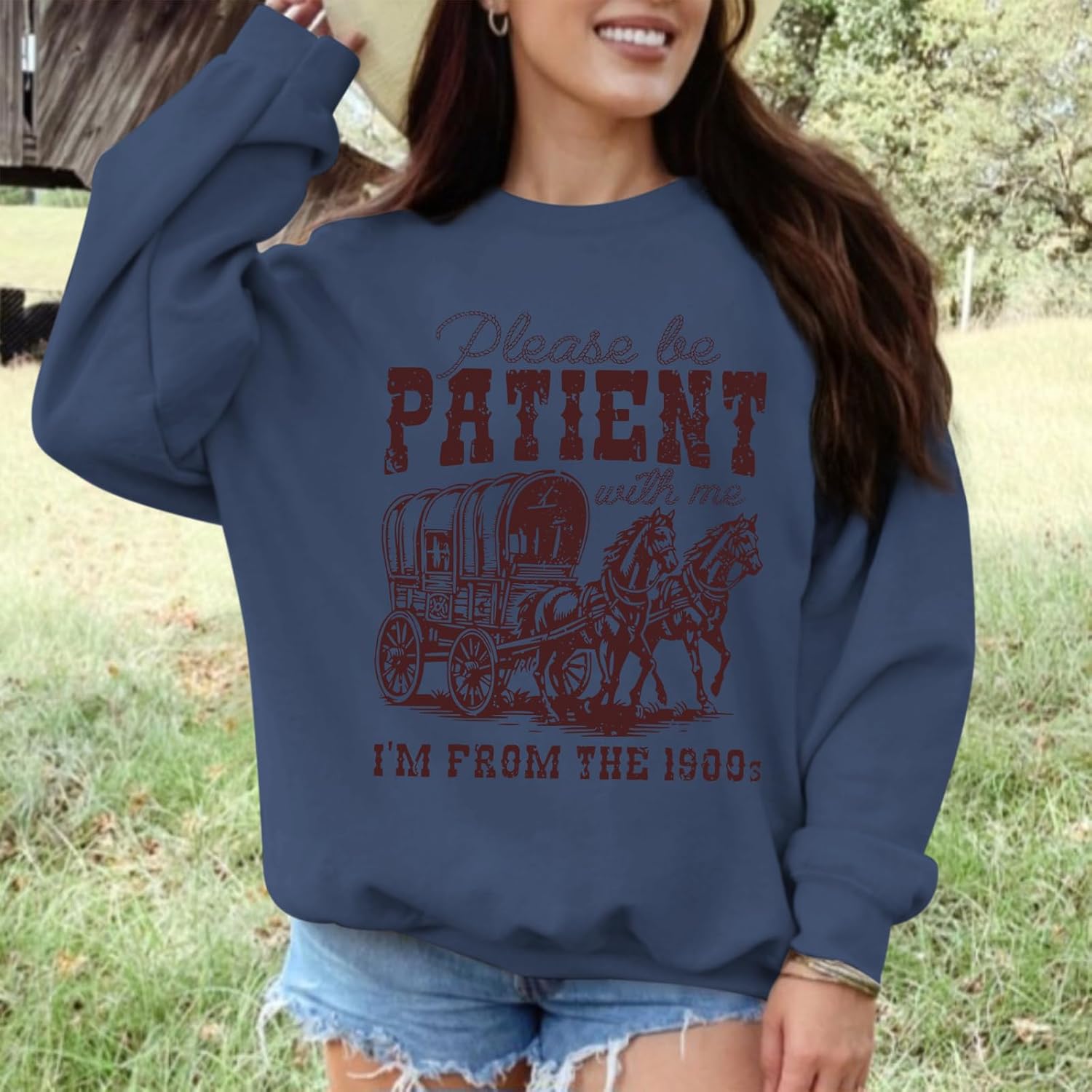 Please Be Patient With Me Im From The 1900s Sweatshirts Graphic Crewneck Sweatshirt Women Funny Long Sleeve Pullover(Grayblue,XL) - Image 5